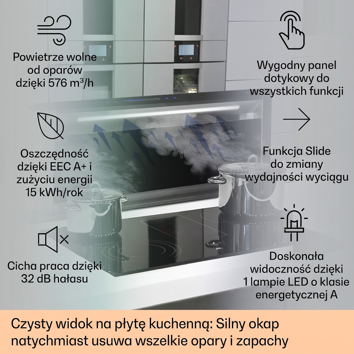 Royal Flush Eco, okap kuchenny, 90 cm, 604 m³/h, A+ 90 cm | Črna | Nerjaveče jeklo