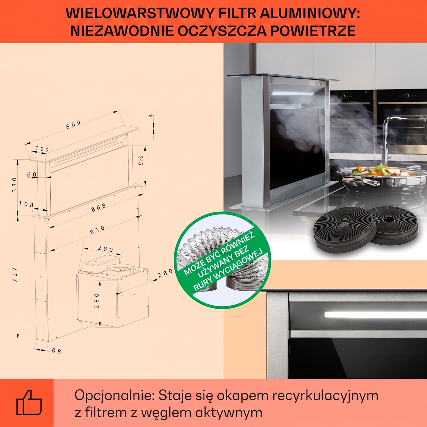 Royal Flush Eco, okap kuchenny, 90 cm, 604 m³/h, A+ 90 cm | Črna | Nerjaveče jeklo