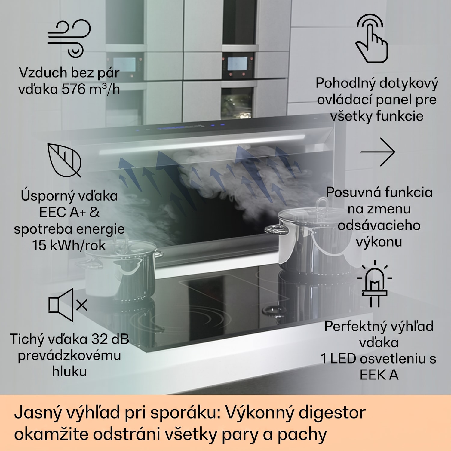 Royal Flush Eco, digestor, 90 cm, 604 m³/h, A+ 90 cm | Čierna | Nehrdzavejúca oceľ