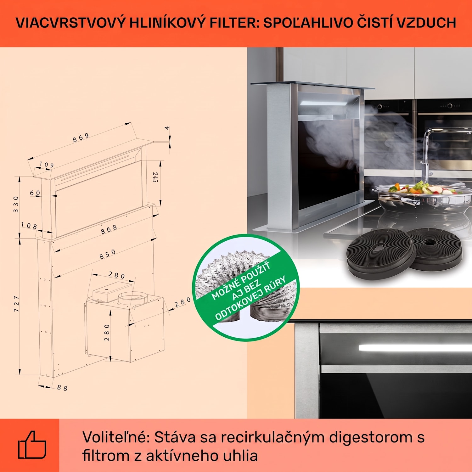 Royal Flush Eco, digestor, 90 cm, 604 m³/h, A+ 90 cm | Čierna | Nehrdzavejúca oceľ