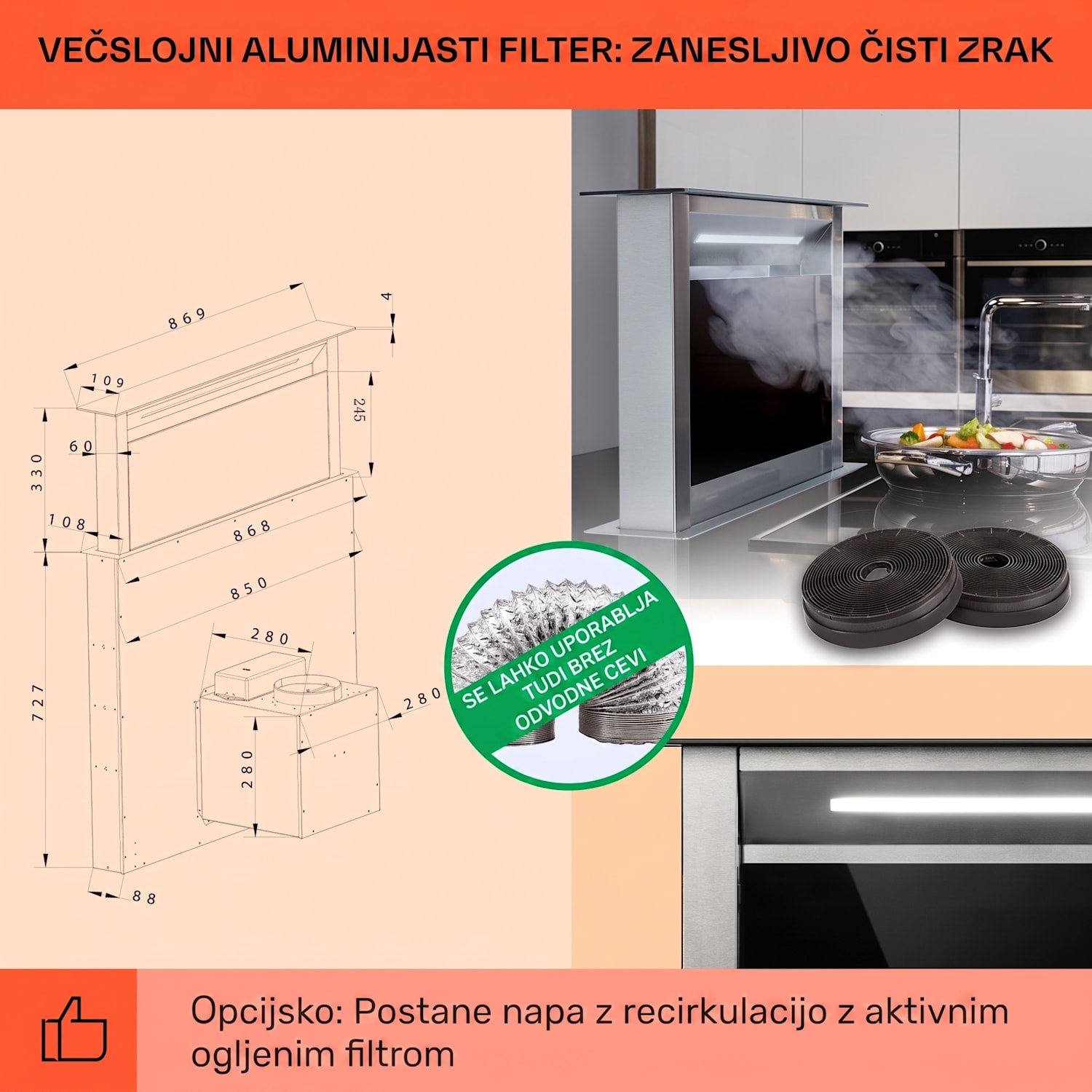 Royal Flush Eco, kuhinjska napa, 90 cm, 604 m³/h, A+ 90 cm | Črna | Nerjaveče jeklo