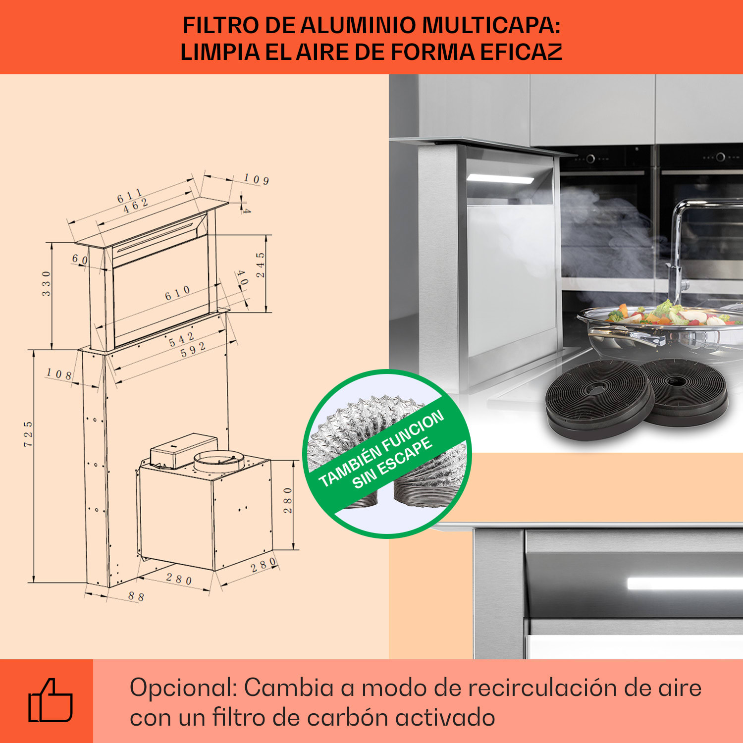 Royal Flush Eco Campana extractora 60 cm 576 m³/h A+ 60 cm | Blanco | Acero Inoxidable