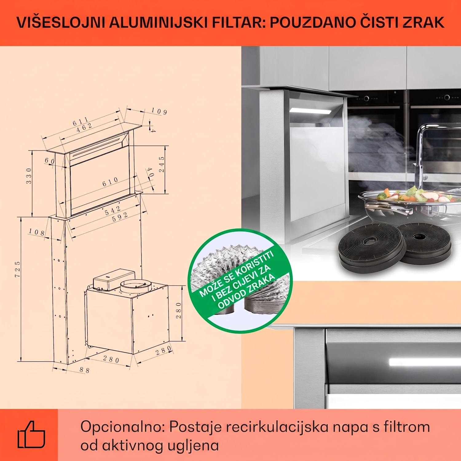 Royal Flush Eco, kuhinjska napa, 60 cm, 604 m³ / h, A + 60 cm | Bijela | Nehrđajući čelik