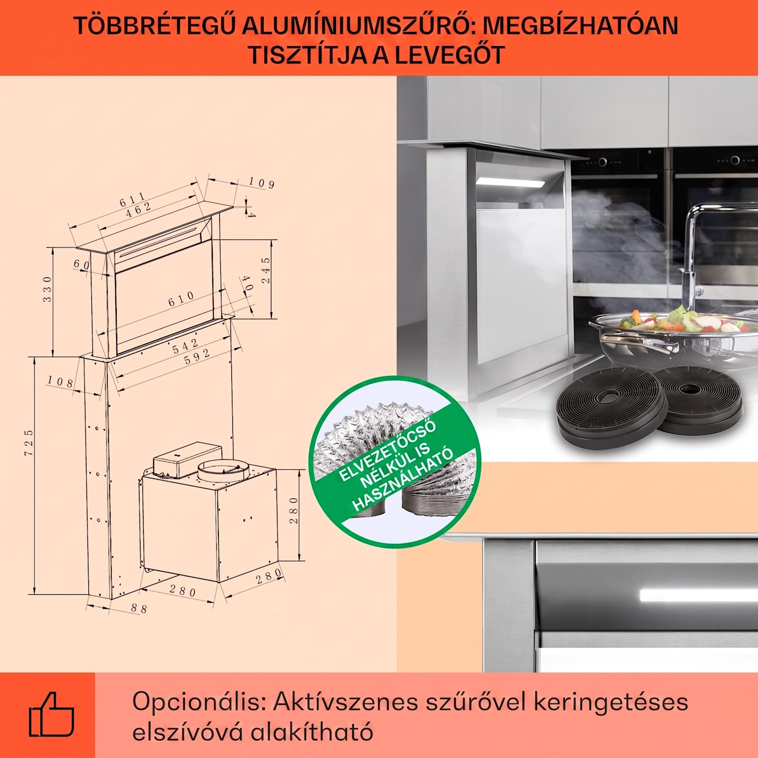 Royal Flush Eco, páraelszívó, 60 cm, 576 m³/ó, A+ 60 cm | Fehér | Rozsdamentes acél
