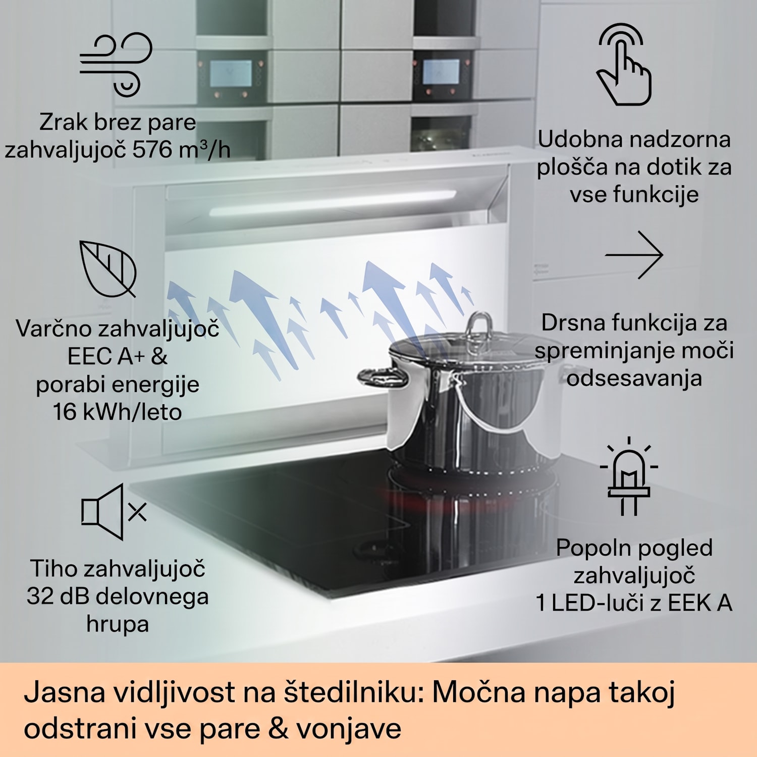 Royal Flush Eco, kuhinjska napa, 60 cm, 604 m³/h, A+ 60 cm | Bela | Nerjaveče jeklo