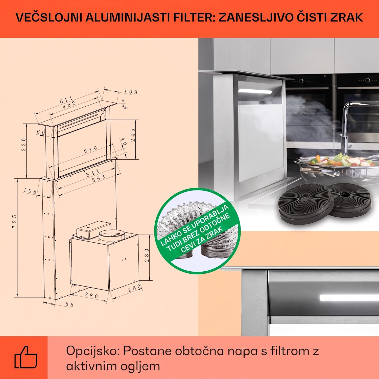 Royal Flush Eco, kuhinjska napa, 60 cm, 604 m³/h, A+ 60 cm | Bela | Nerjaveče jeklo