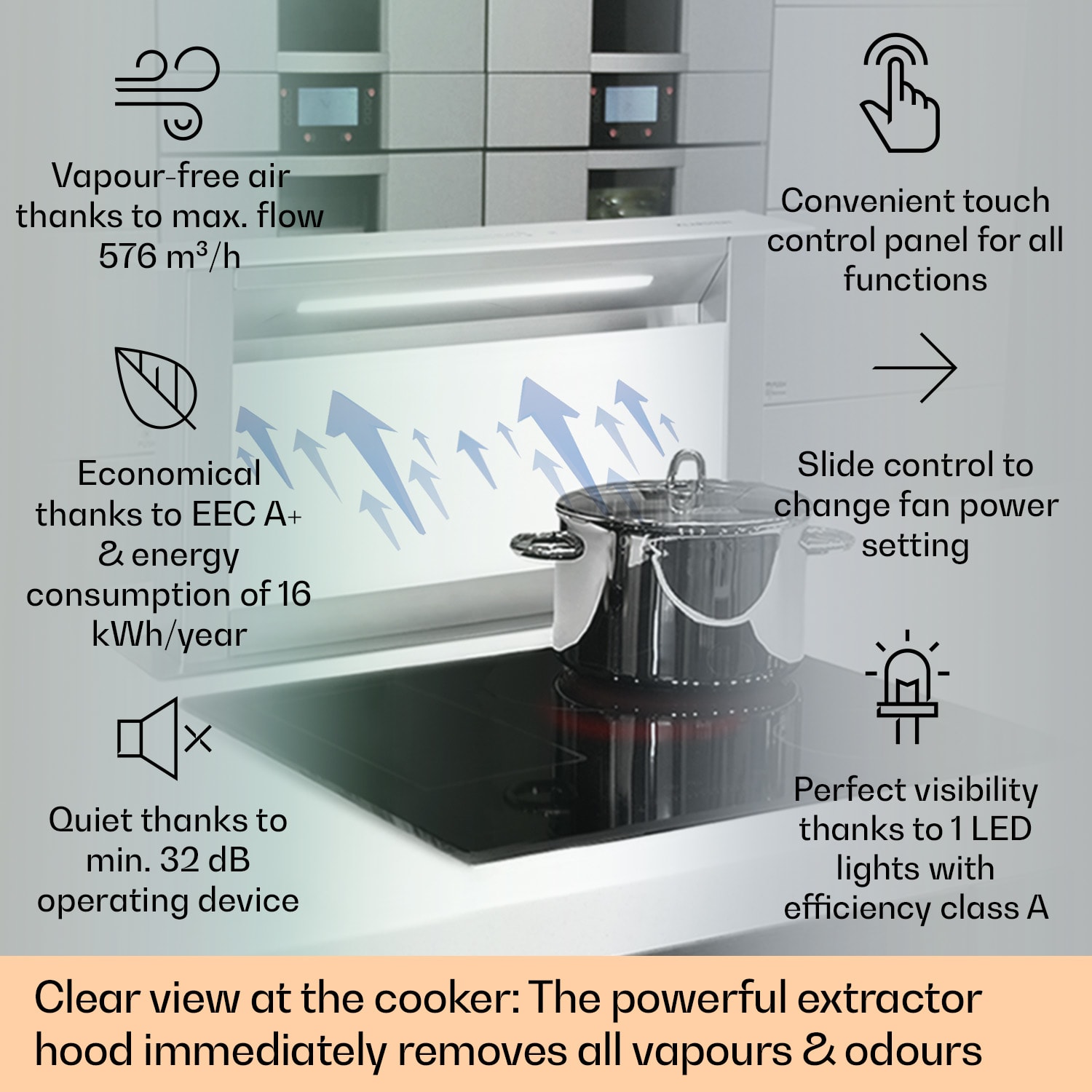 Royal Flush Eco, digestoř, 60 cm, výsuvná, 576 m³/h, A++, černá 60 cm | Bílá | Nerezová ocel