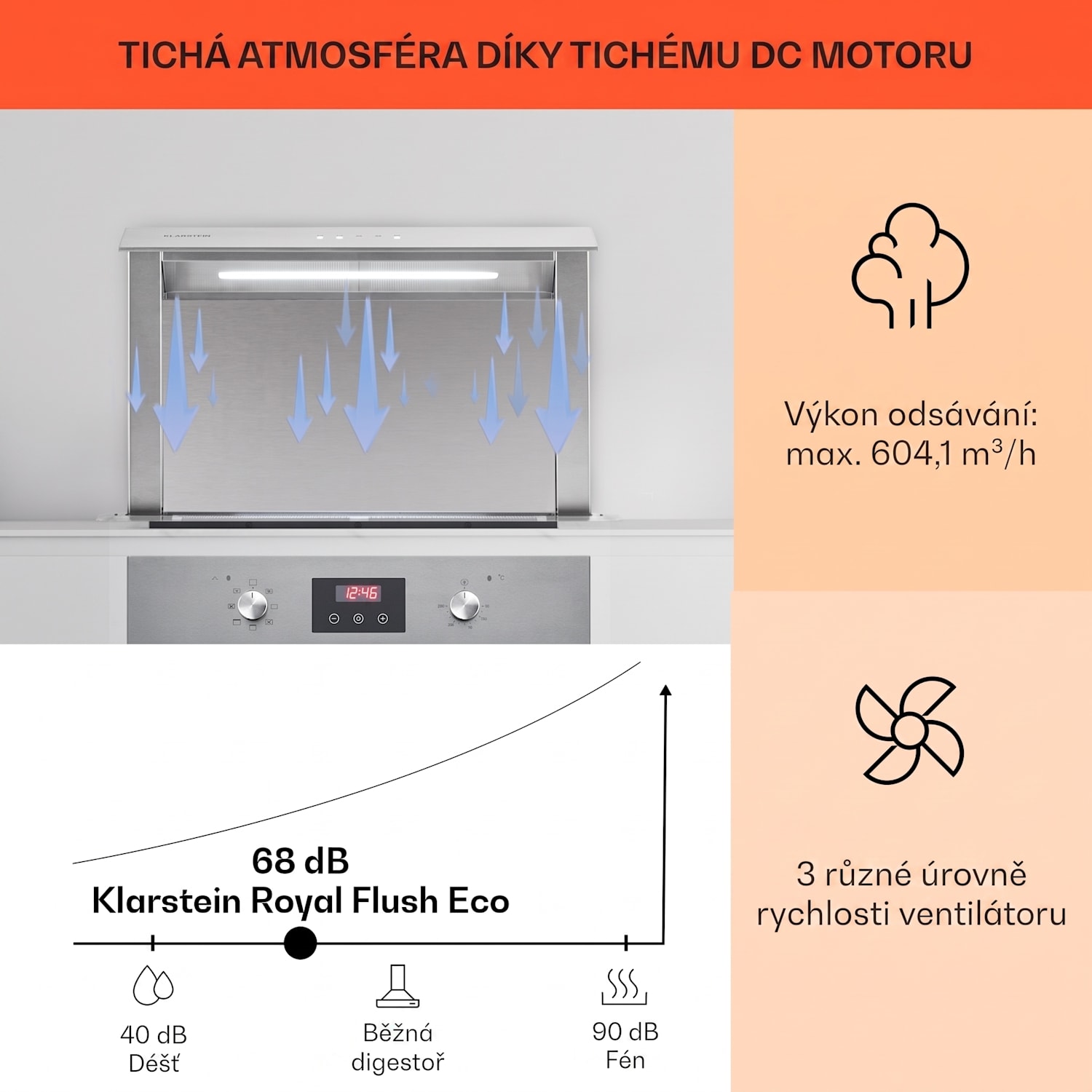 Royal Flush Eco, digestoř, 60 cm, výsuvná, 604 m³/h, A+, černá 60 cm | Nerezová ocel | Nerezová ocel