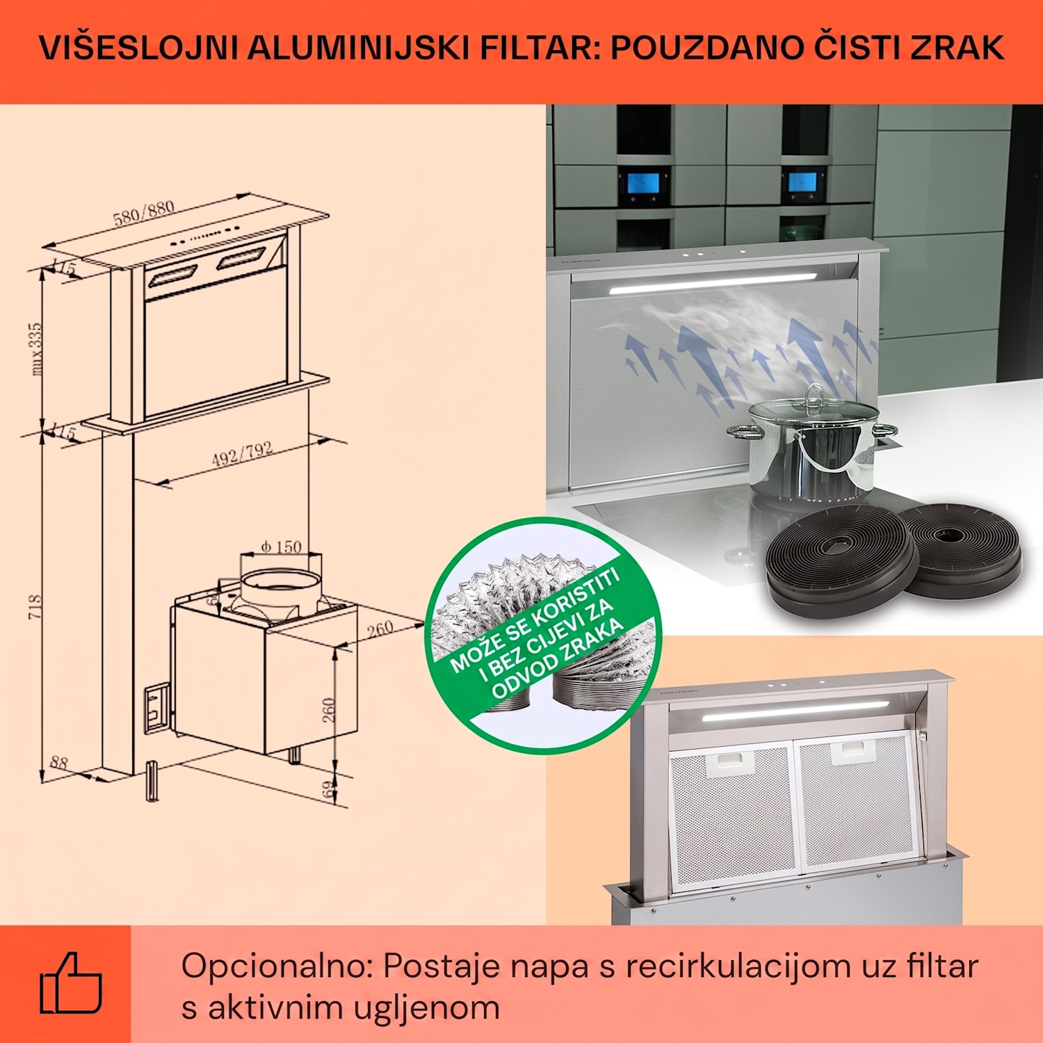 Royal Flush Eco, kuhinjska napa, 60 cm, 576 m³ / h, A + 60 cm | Nehrđajući čelik | Nehrđajući čelik