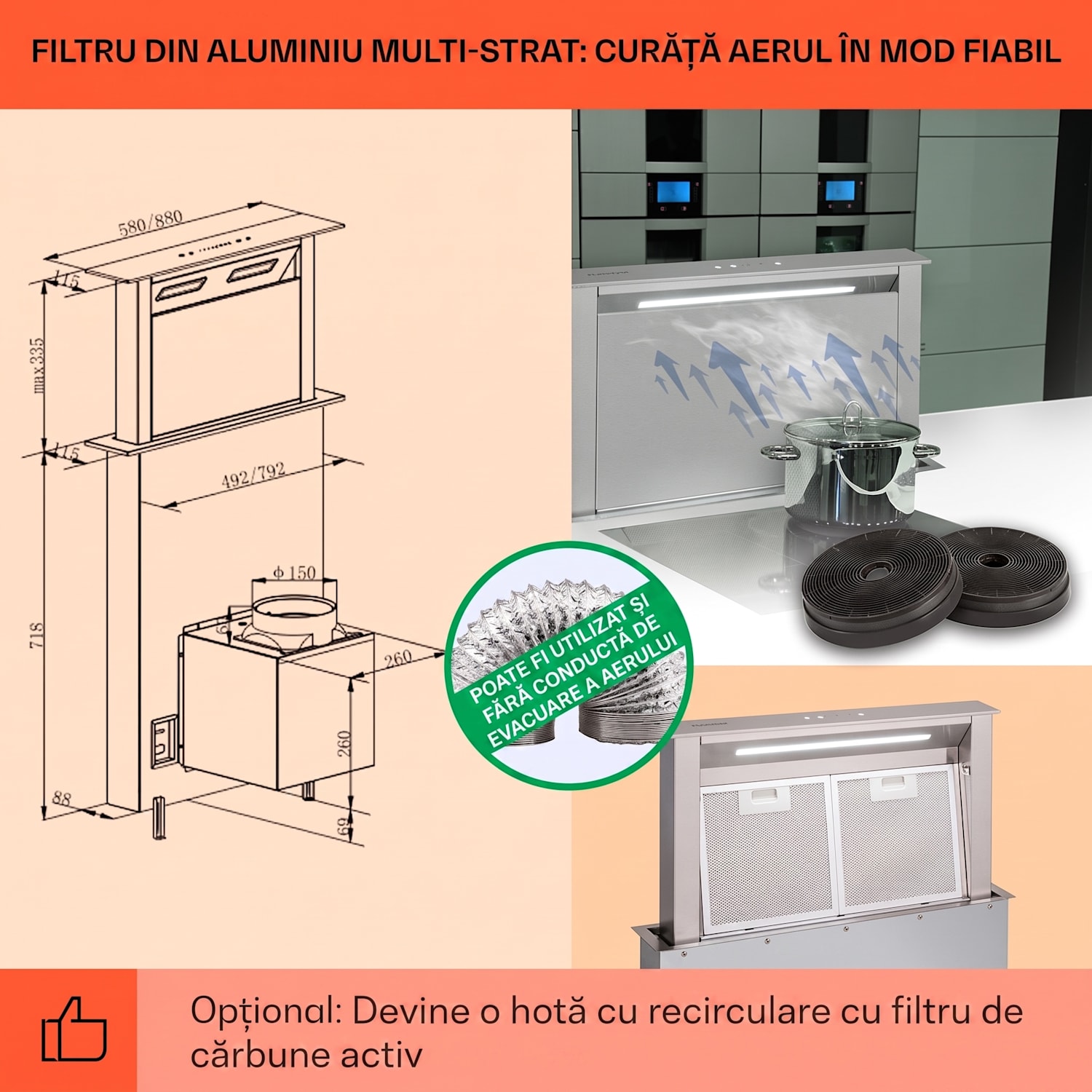 Royal Flush Eco, hota, 60 cm, 604 m³/h, A+ 60 cm | Oțel inoxidabil | Oțel inoxidabil