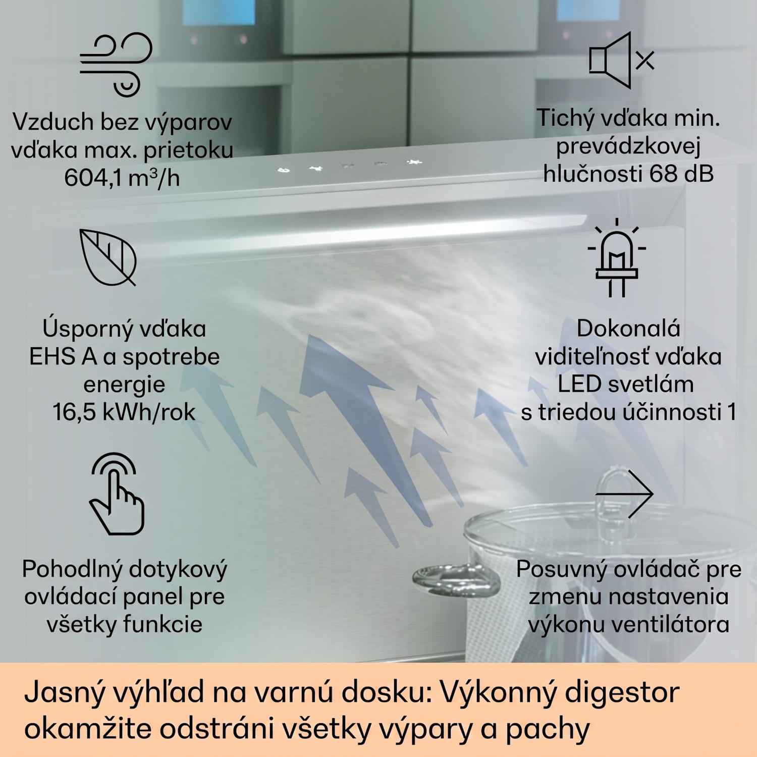 Royal Flush Eco, digestor, 60 cm, 604 m³/h, A+ 60 cm | Nehrdzavejúca oceľ | Nehrdzavejúca oceľ