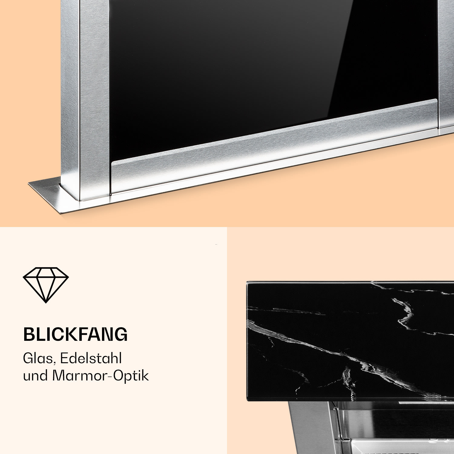 Royal Flush Eco Dunstabzugshaube 60 cm 604 m³/h A+ 60 cm | Schwarzer Marmor | Edelstahl