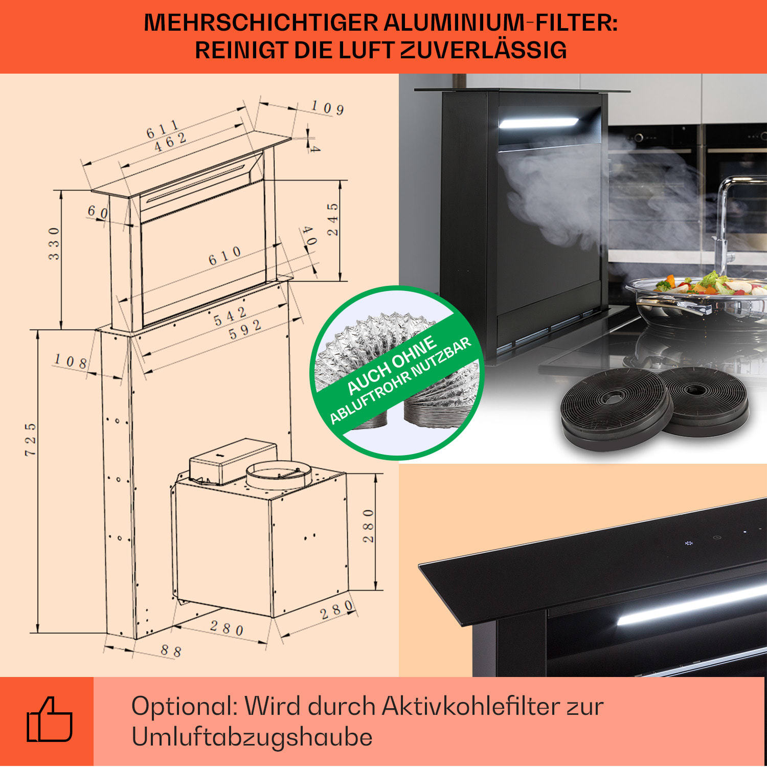 Hotte aspirante Royal Flush Eco 60 cm 576 m³/h A+ 60 cm | Noir | Noir