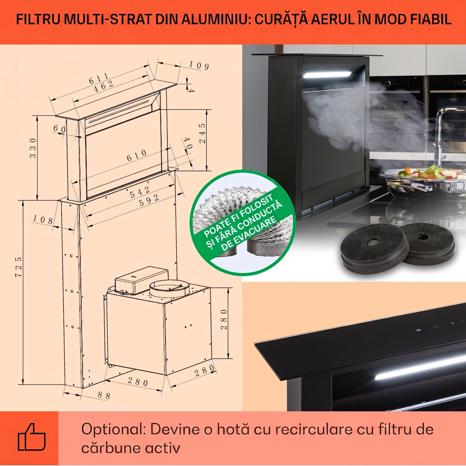Hota telescopica, Royal Flush Eco, 60 cm, 604 m³/h, A+ 60 cm | Negru | Negru