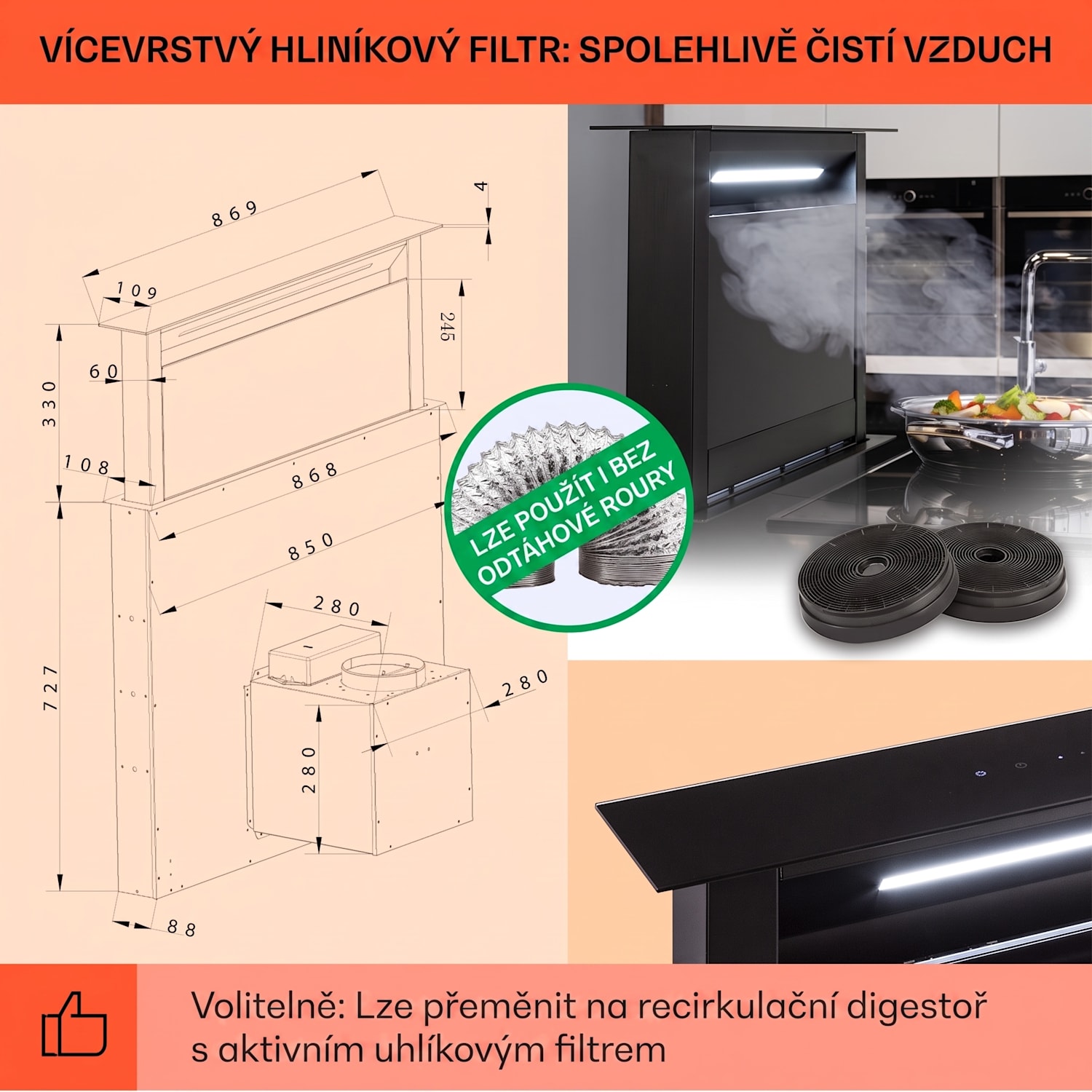 Royal Flush Eco, digestoř, 90 cm, 714 m³/h, A+ 90 cm | Negro | Negro