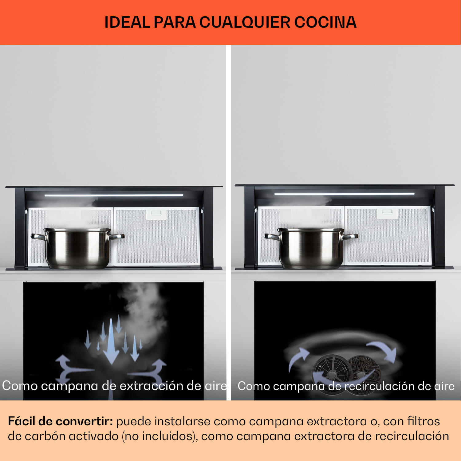Royal Flush Eco Downdraft campana de extracción 90 cm 714 m³/h A+ 90 cm | Negro | Negro