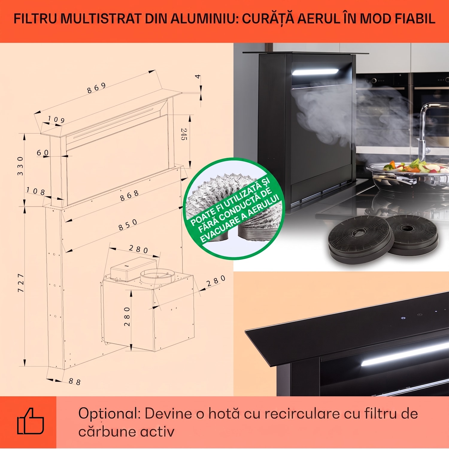 Royal Flush Eco, hota, 90 cm, 714 m³/h, A+ 90 cm | Negru | Negru