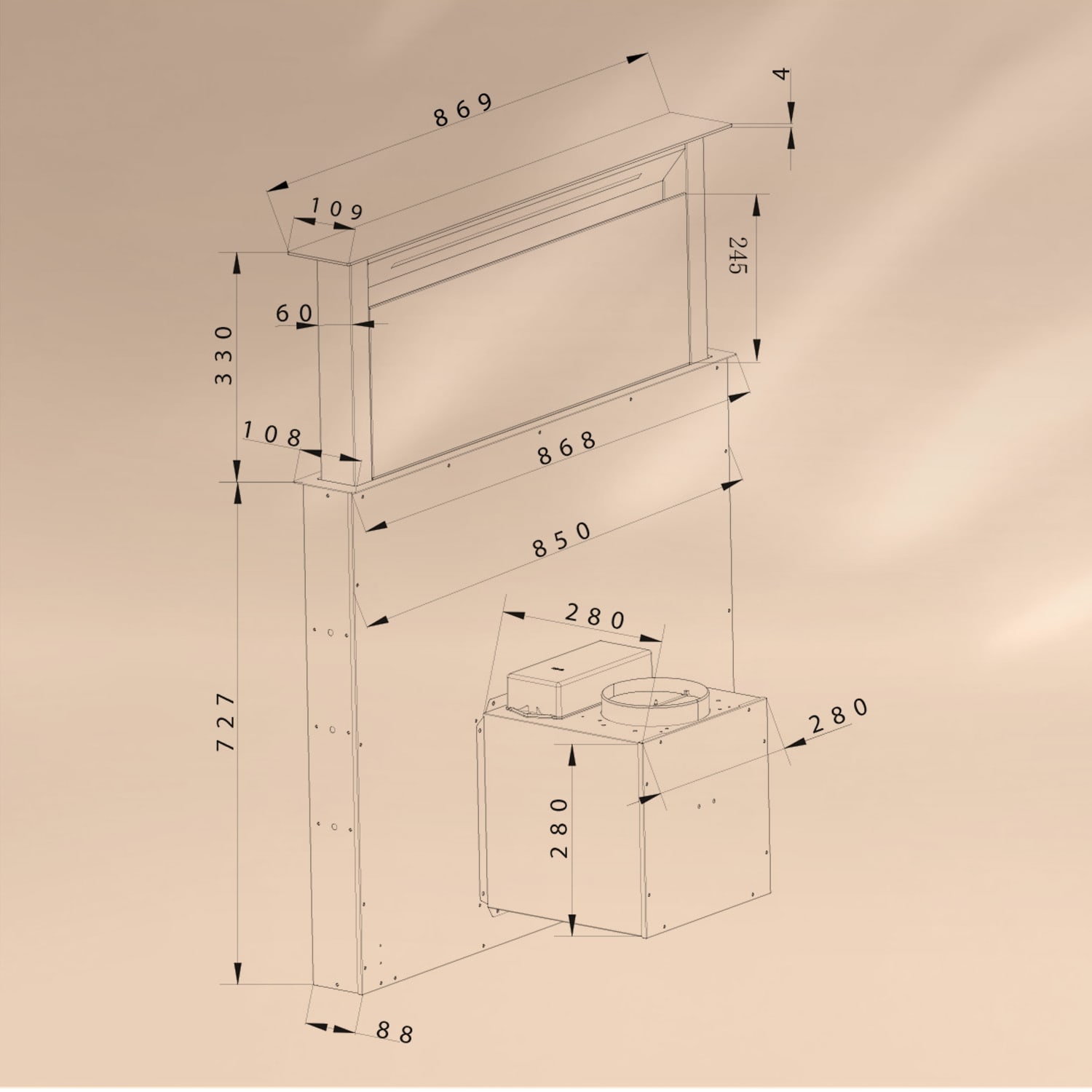 Royal Flush Eco Downdraft campana de extracción 90 cm 714 m³/h A+ 90 cm | Negro | Negro