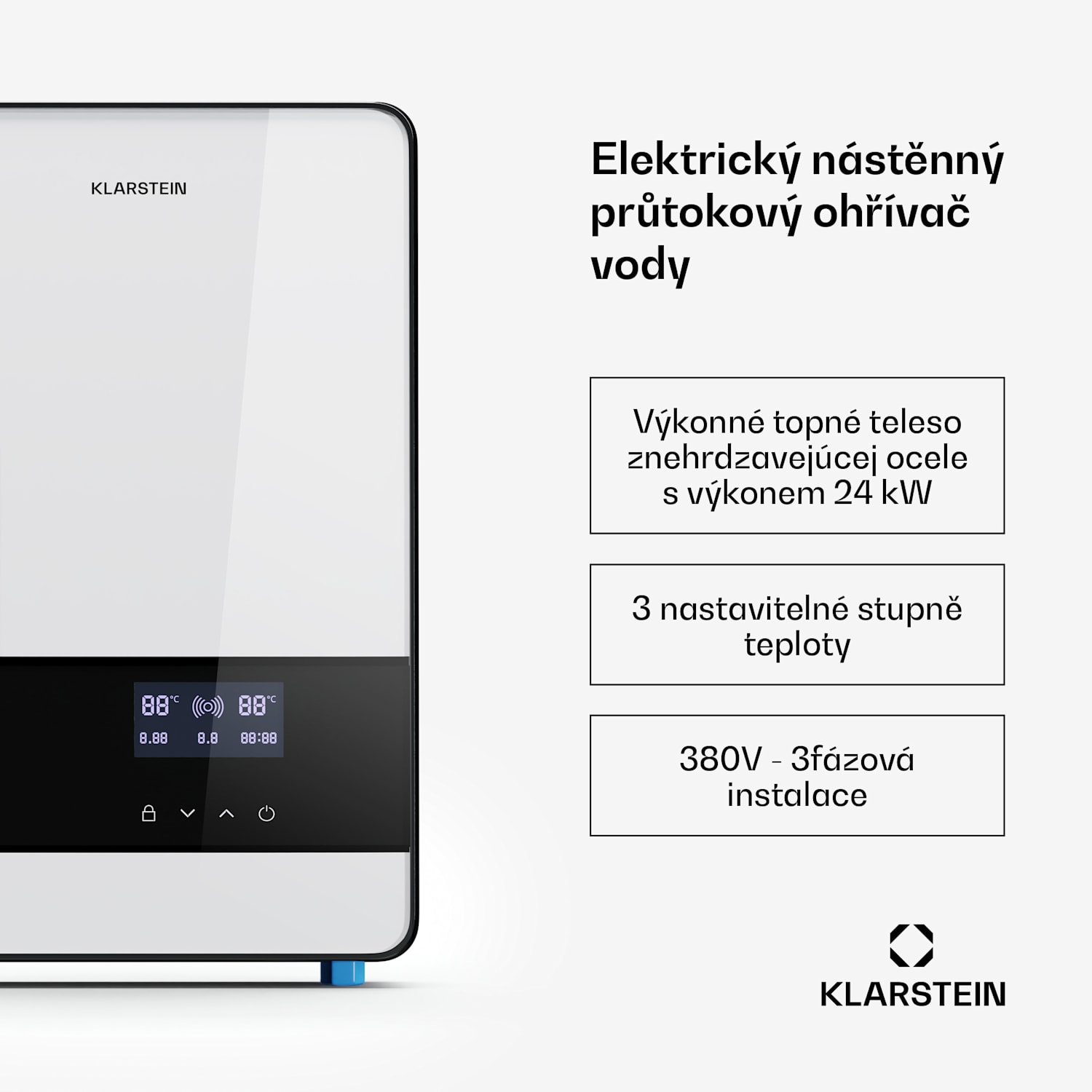 Blaze Flow Elektrický průtokový ohřívač vody, Nerezové topné těleso, LED displej, 24 kW 