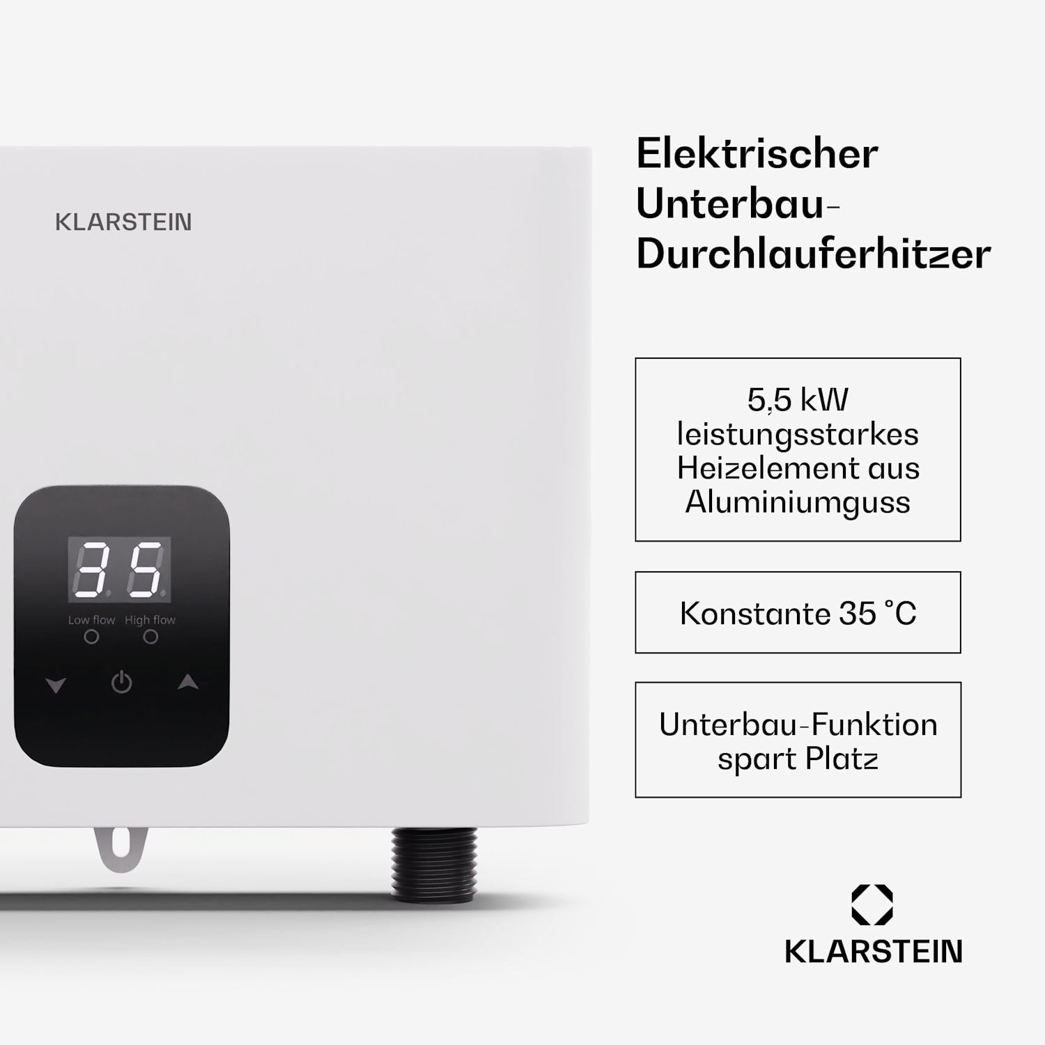 Blaze Flow - Scaldabagno istantaneo sottopiano | 5,5 kW | Elemento riscaldante in alluminio fuso | 35 °C costanti 5.5 kW | Bianco