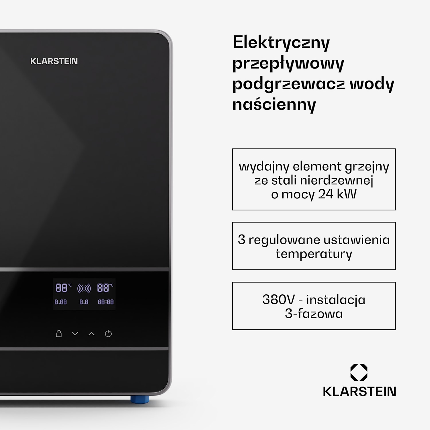 Blaze Flow elektryczny przepływowy podgrzewacz wody, element grzewczy ze stali nierdzewnej, wyświetlacz LED, 24 kW 