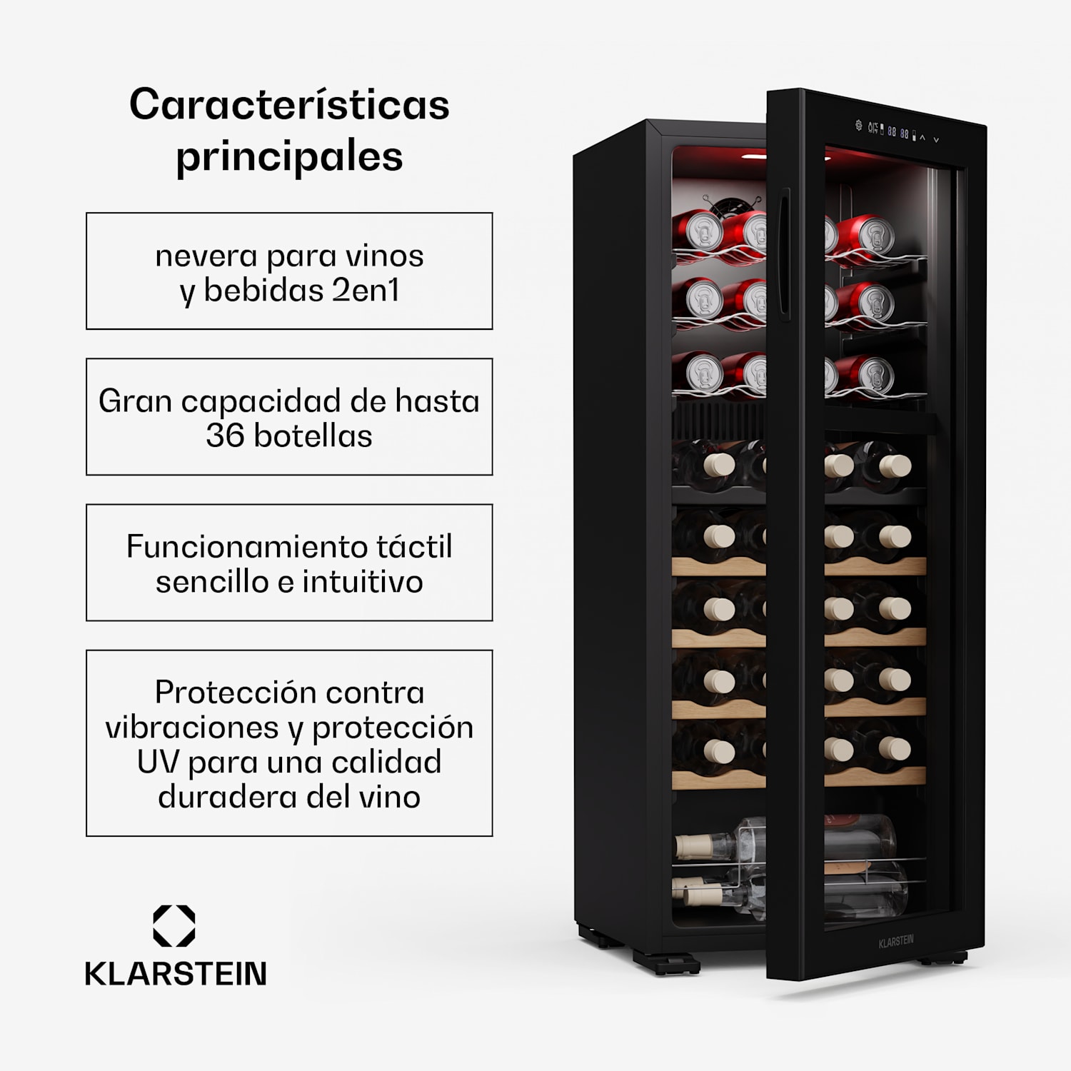 Bovella 36 Duo+ nevera para vino | 2 en 1 | 36 botellas | 2 zonas | 7 estantes | Táctil 36 botellas | 2 zonas de refrigeración | Negro