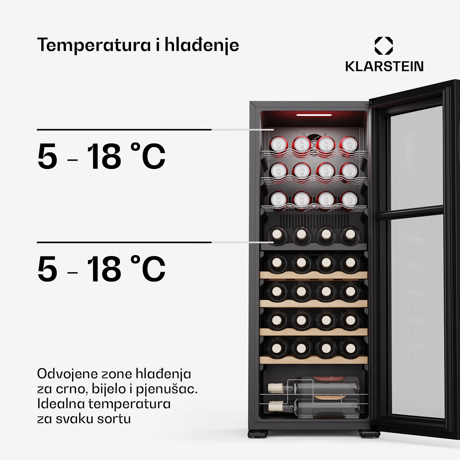 Bovella 36 Duo+ hladnjak za vino, 2 u 1, 36 boca, 2 zone, 7 polica, Upravljanje dodirom 36 boca | 2 | Crna