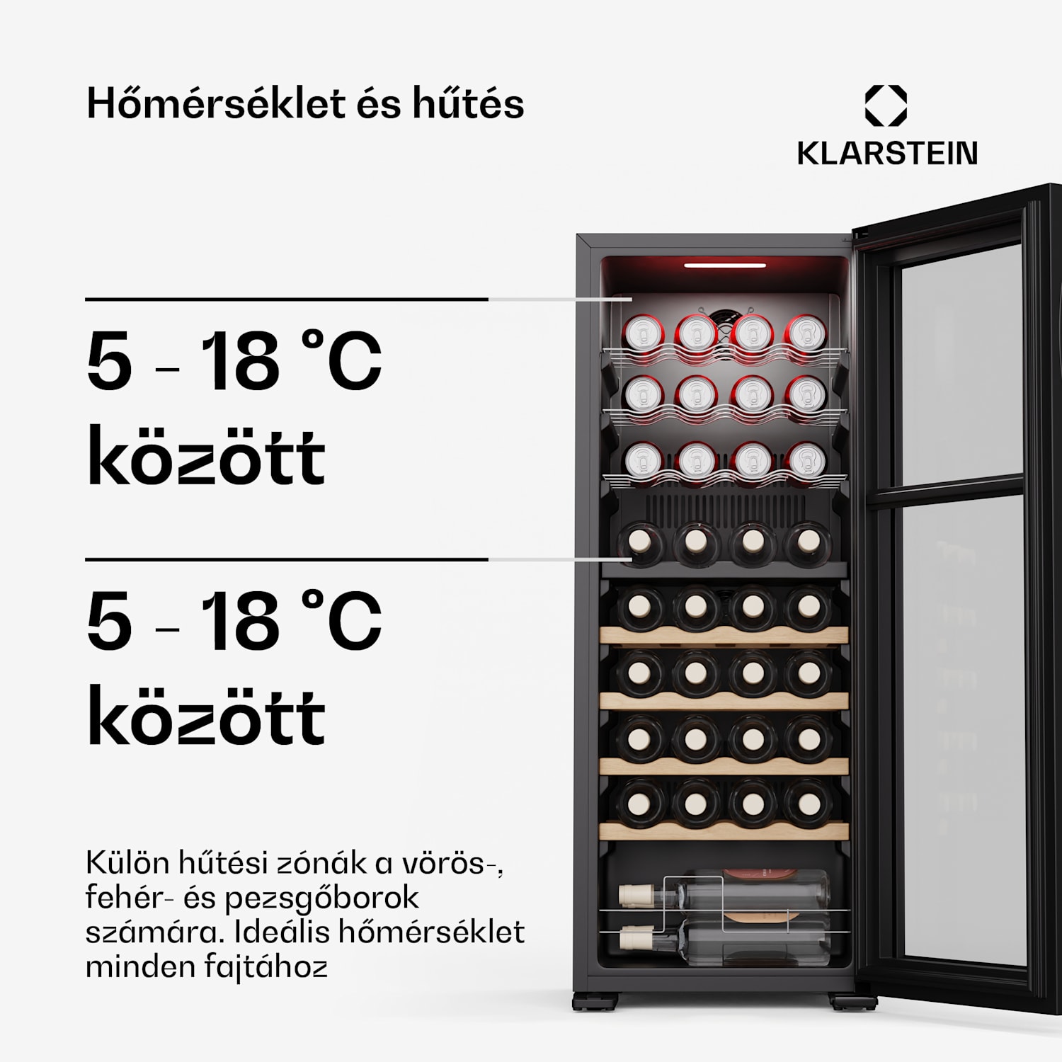 Bovella 36 Duo+ borhűtő, 2 az 1-ben, 36 palack, 2 zóna, 7 polc, Érintéses vezérlés 36 palack | 2 hűtőzóna | Fekete