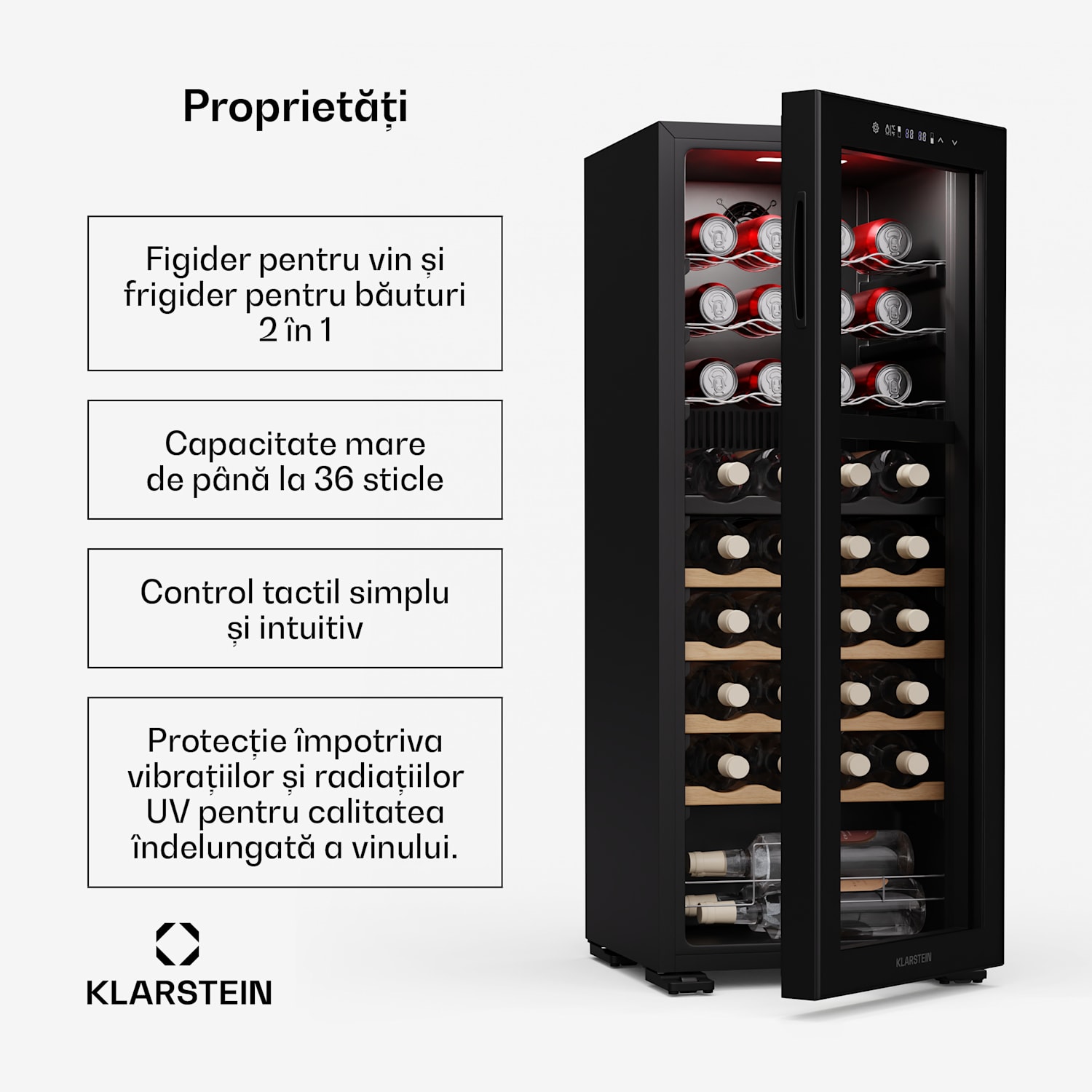 Bovella 36 Duo+ frigider vin, 2 în 1, 36 sticle, 2 zone, 7 rafturi, Control tactil 