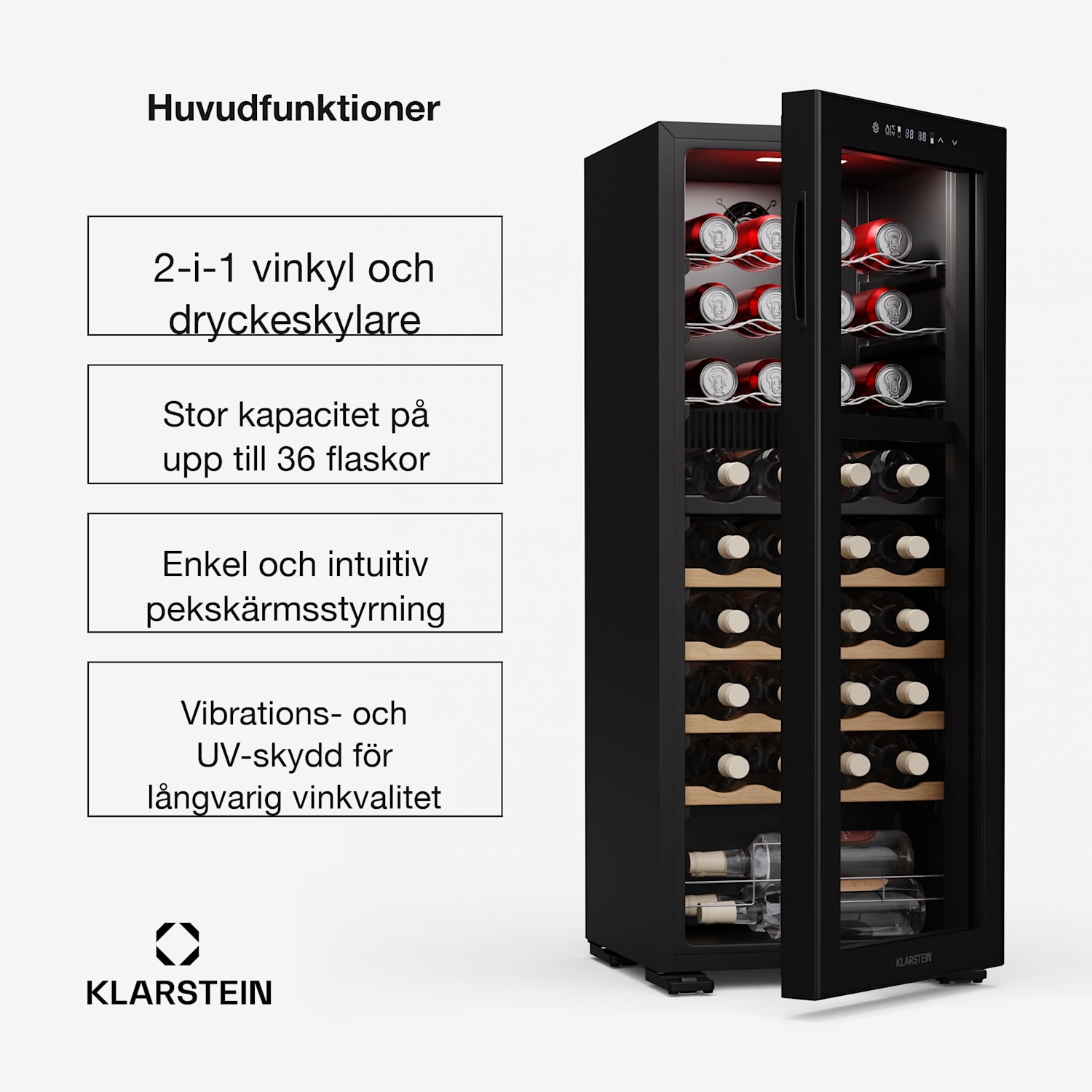 Bovella 36 Duo+ vinkyl | 2-i-1 | 36 flaskor | 2 zoner | 7 hyllor | Touch 36 flaskor | 2 kylzoner | Svart