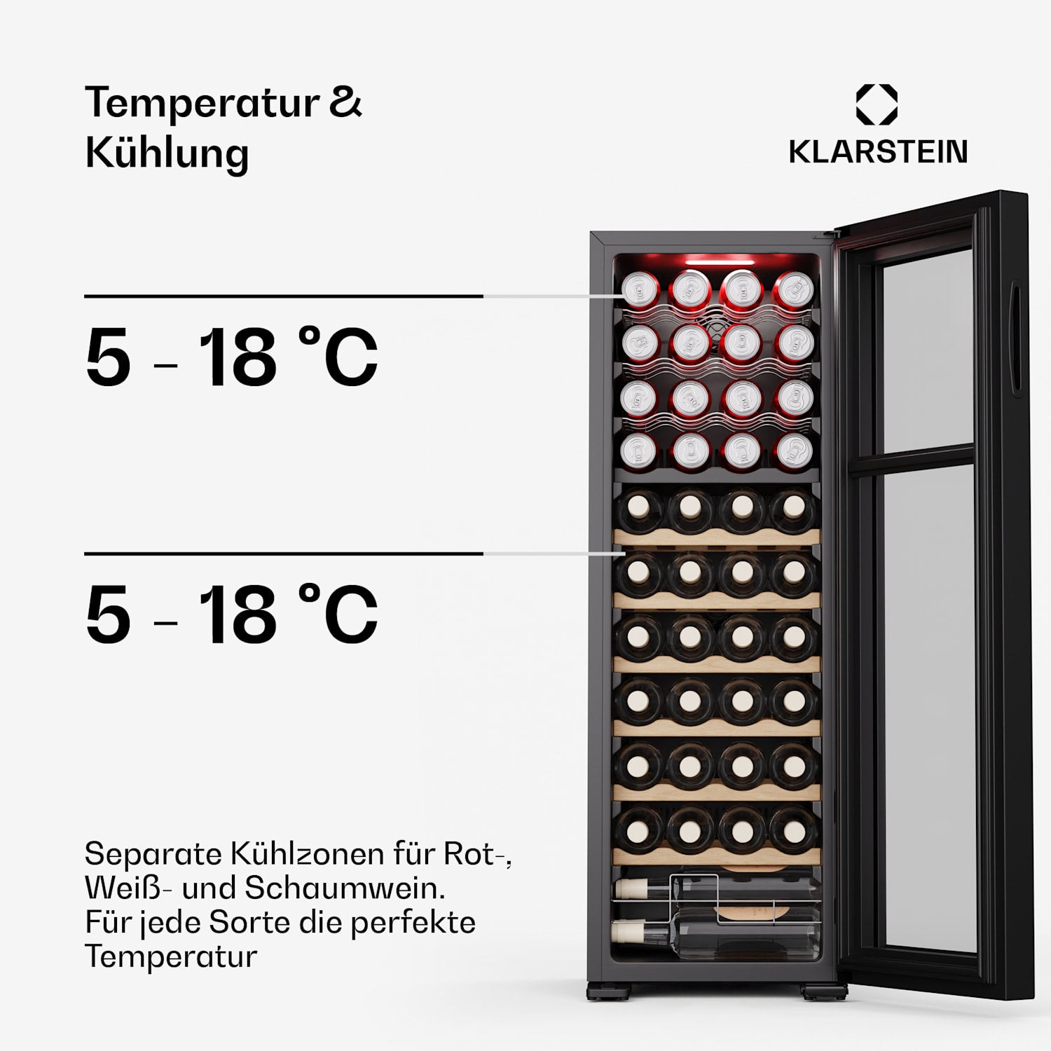 Bovella 44 Duo+ Weinkühlschrank | 2-in-1 | 44 Flaschen | 2 Zonen | 9 Regale | Touch 44 Flaschen | 2 Kühlzonen | Schwarz