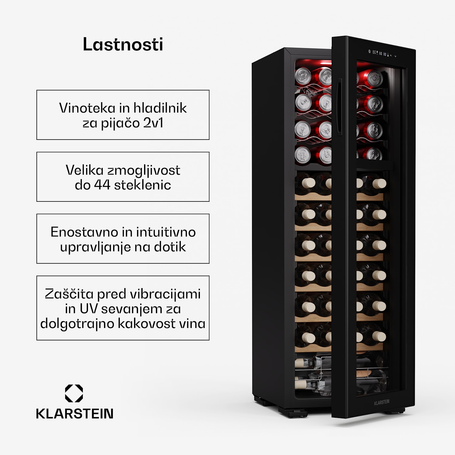 Bovella 44 Duo+ hladilnik za vino, 2 v 1, 44 steklenic, 2 coni, 9 polic, Nadzor na dotik 44 steklenic | 2 | Črna