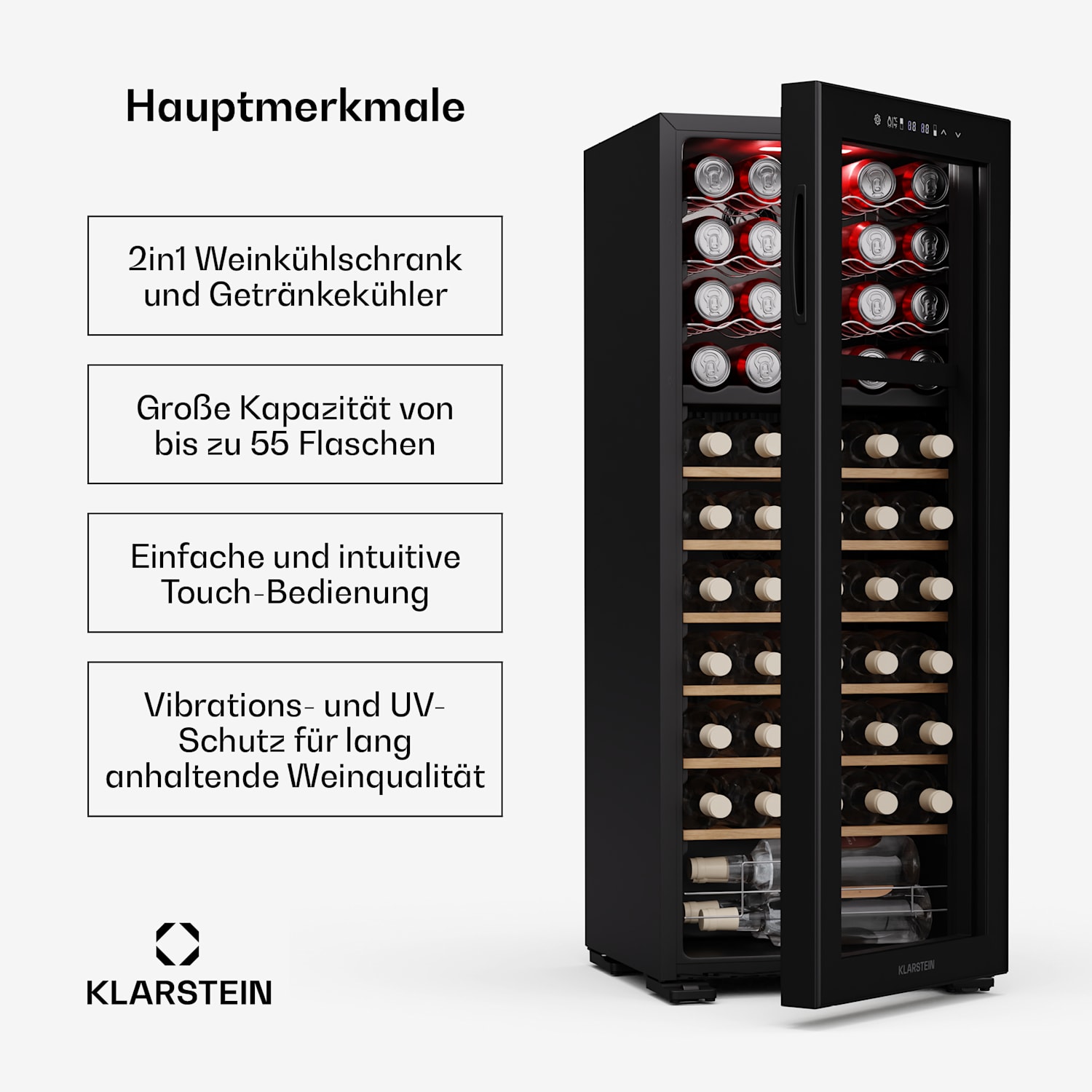 Bovella 55 Duo+ Weinkühlschrank | 2-in-1 | 55 Flaschen | 2 Zonen | 9 Regale | Touch 55 Flaschen | 2 Kühlzonen | Schwarz