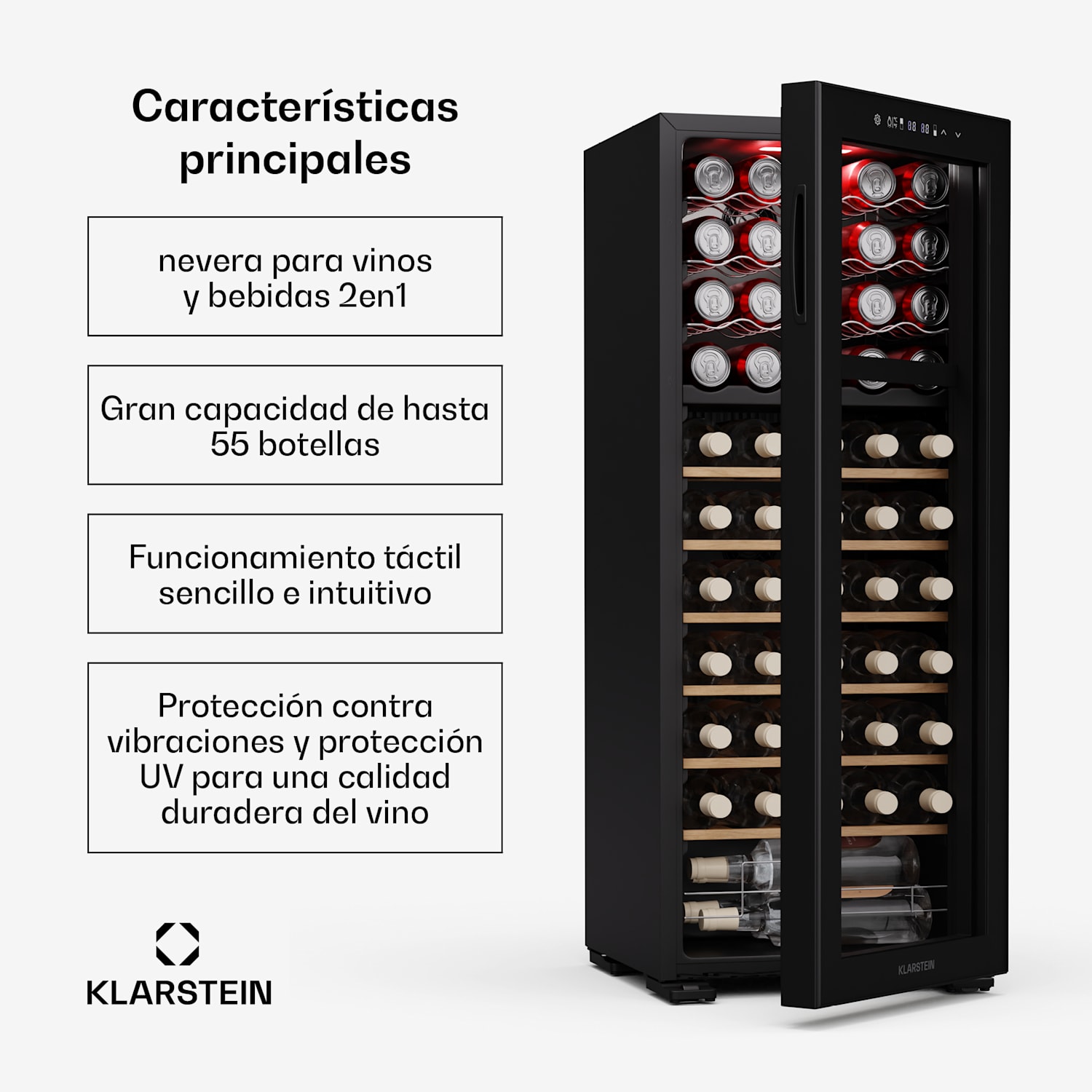 Bovella 55 Duo+ nevera para vino | 2 en 1 | 55 botellas | 2 zonas | 9 estantes | Táctil 55 botellas | 2 zonas de refrigeración | Negro