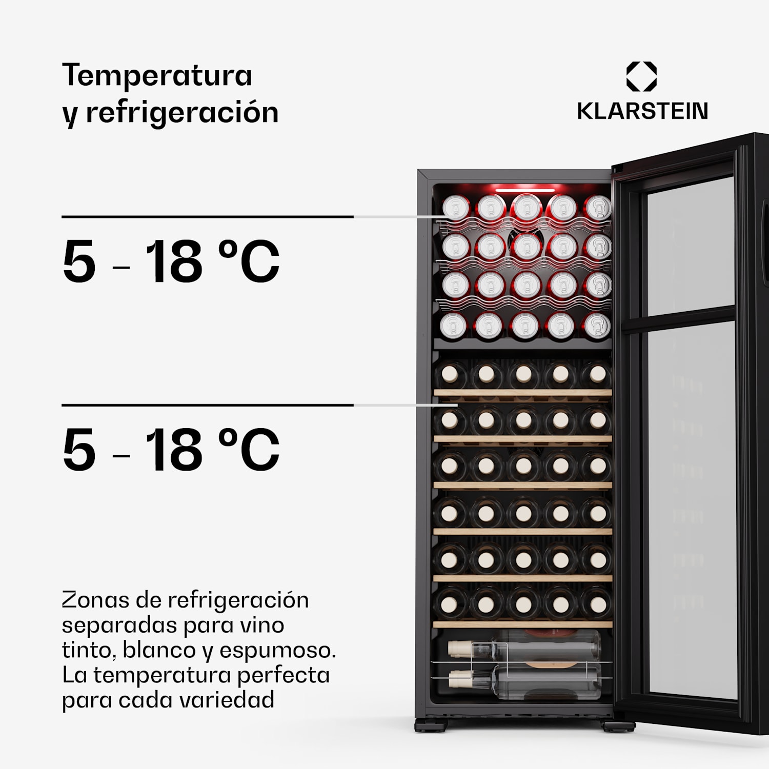 Bovella 55 Duo+ nevera para vino | 2 en 1 | 55 botellas | 2 zonas | 9 estantes | Táctil 55 botellas | 2 zonas de refrigeración | Negro