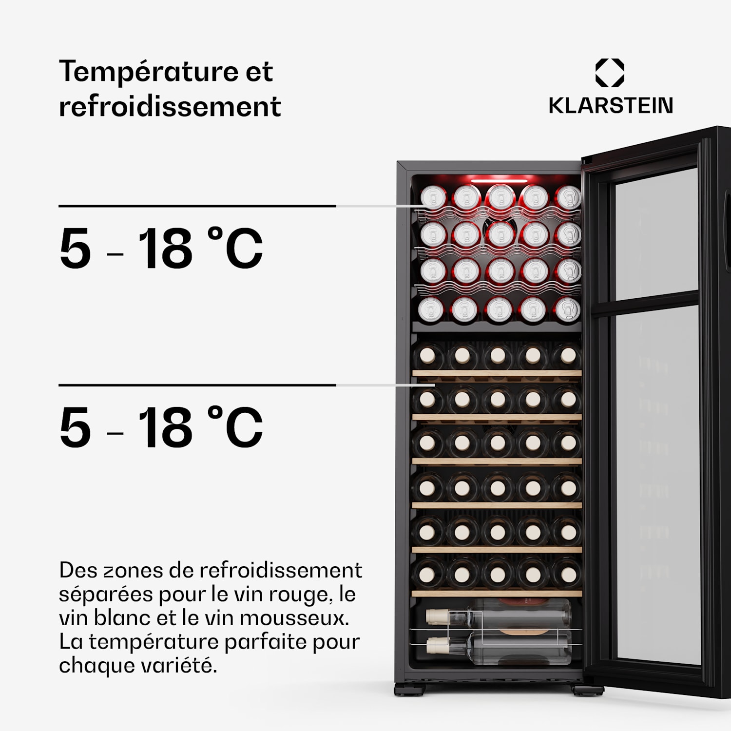 Bovella 55 Duo+ Cave à vin | 2-en-1 | 55 bouteilles | 2 zones | 9 étagères | Tactile 55 bouteilles | 2 zones de conservation | Noir