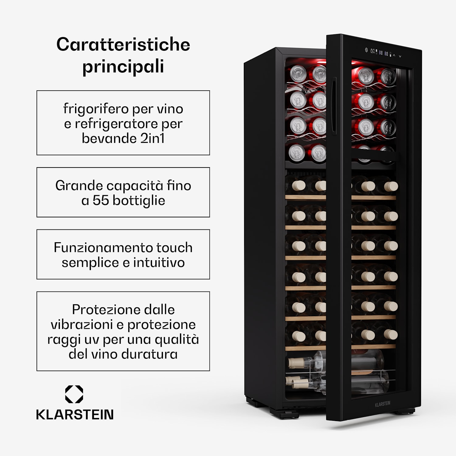 Bovella 55 Duo+ Frigorifero per vini | 2 in 1 | 55 bottiglie | 2 zone | 9 ripiani | Touch 55 bottiglie | 2 zone di raffreddamento | Nero