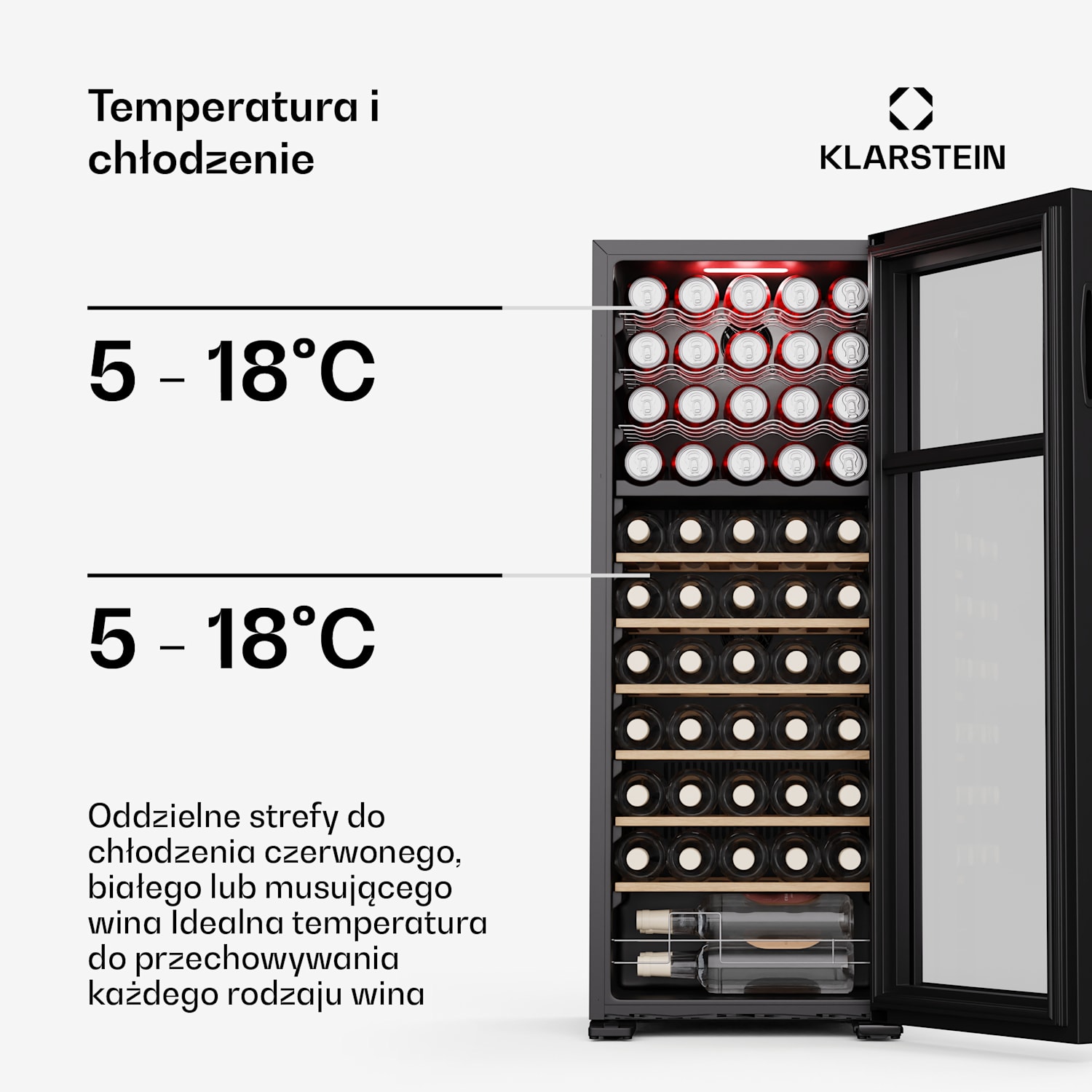 Bovella 55 Duo+ chłodziarka do wina, 2 w 1, 55 butelek, 2 strefy, 9 półek, sterowanie dotykowe 55 butelek | 2 strefy chłodzenia | Czarny