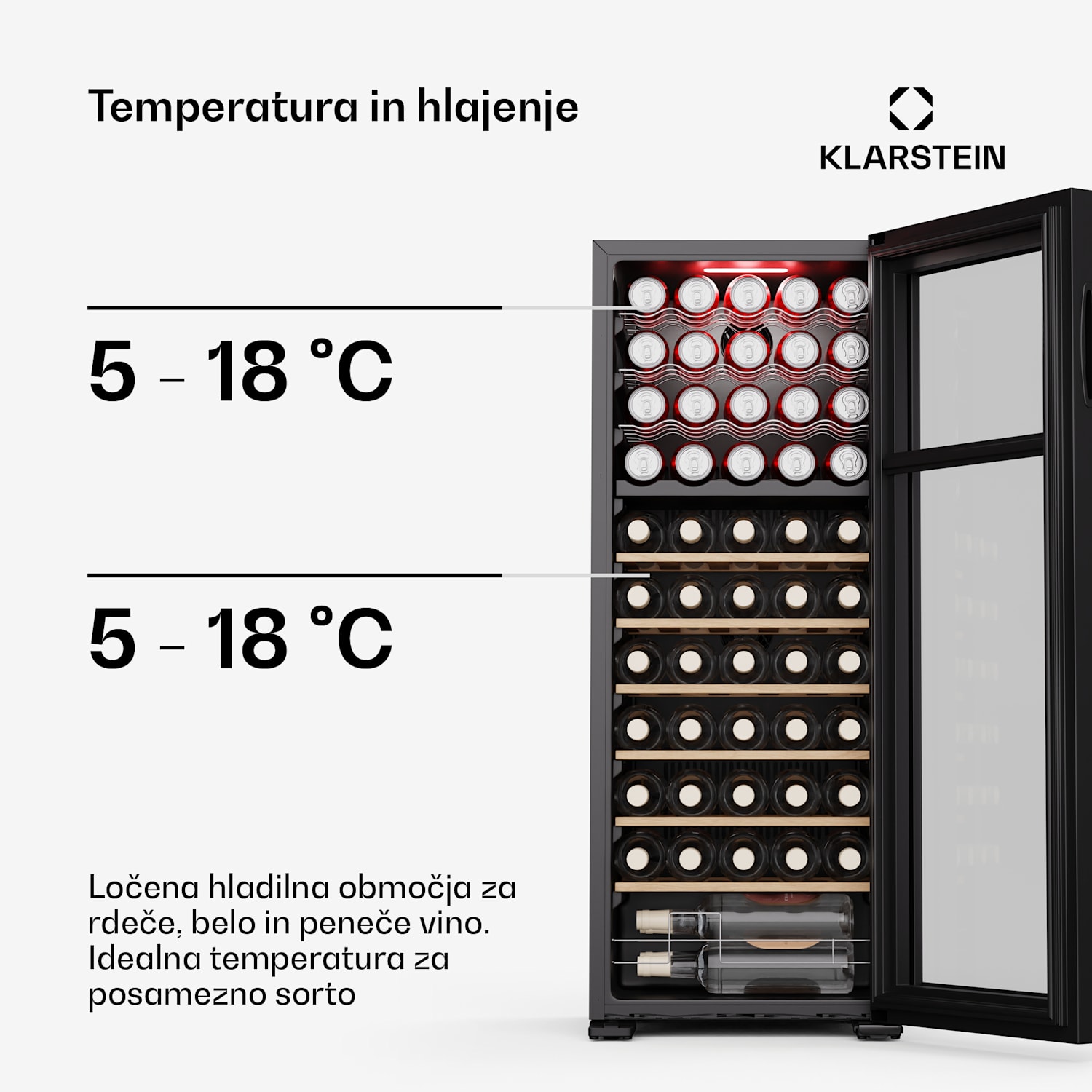 Bovella 55 Duo+ hladilnik za vino, 2 v 1, 55 steklenic, 2 coni, 9 polic, Nadzor na dotik 