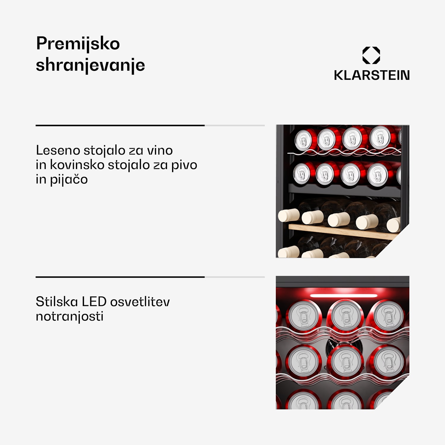 Bovella 55 Duo+ hladilnik za vino, 2 v 1, 55 steklenic, 2 coni, 9 polic, Nadzor na dotik 