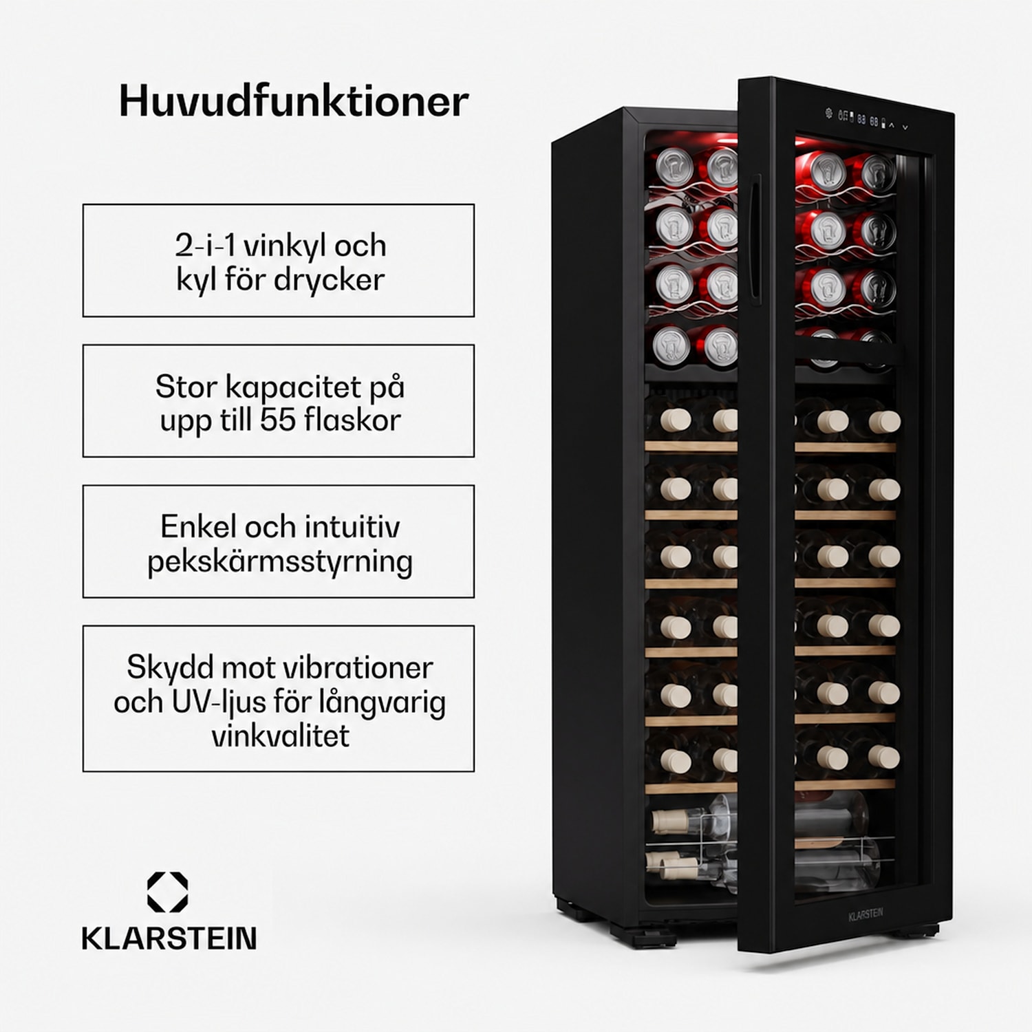 Bovella 55 Duo+ vinkyl | 2-i-1 | 55 flaskor | 2 zoner | 9 hyllor | Touch 55 flaskor | 2 kylzoner | Svart