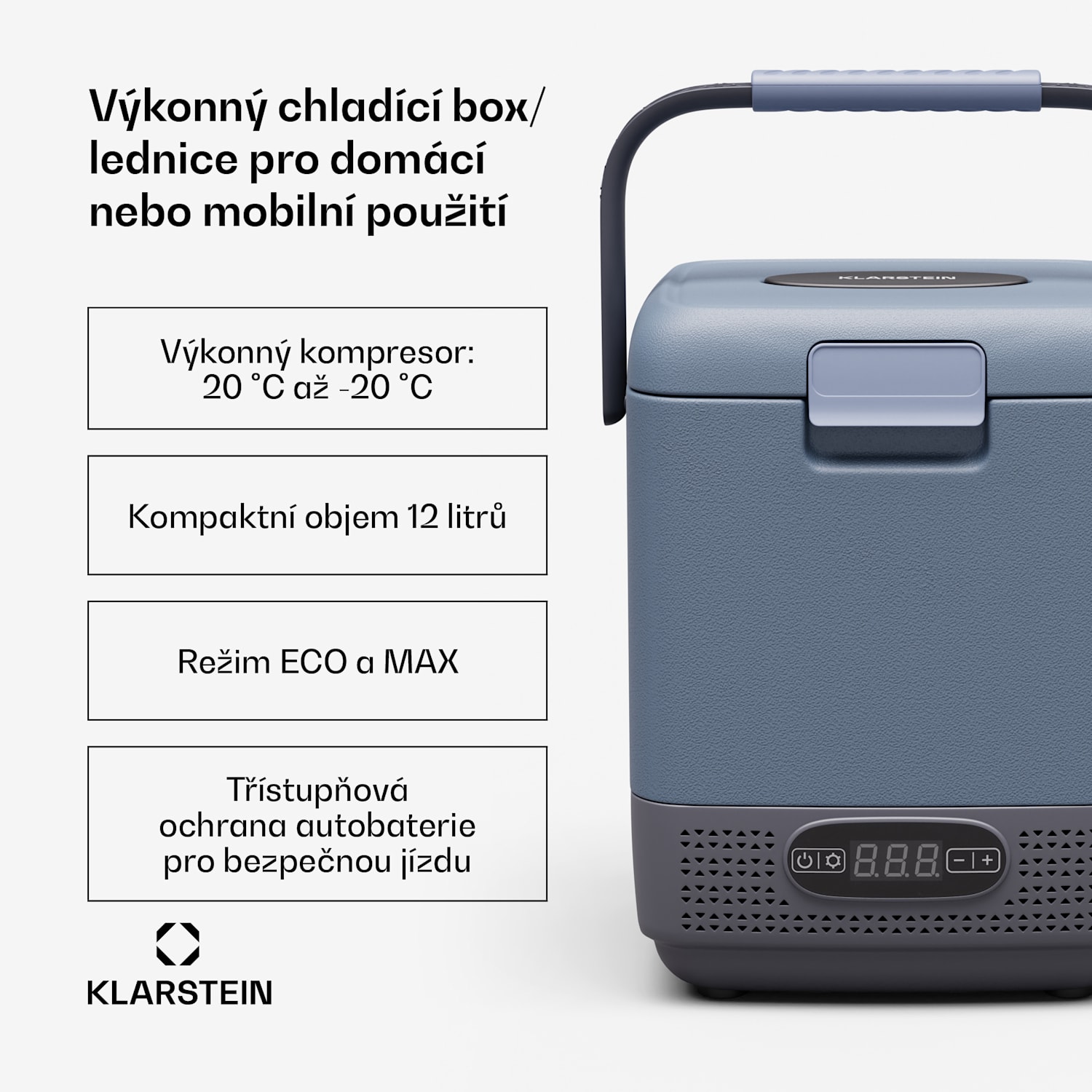 SwiftFrost 12L chladící box, 12V-24V/230V, do -20 °C, kompresor, 2 úrovně výkonu, LED displej 12 litrů | Modrá