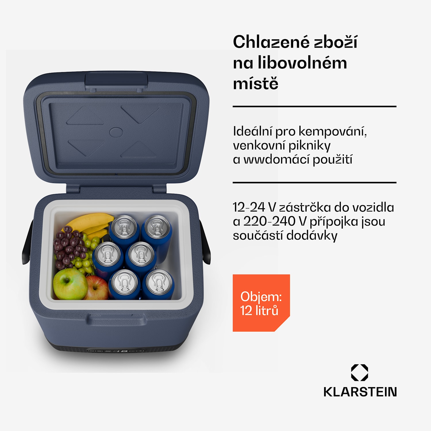 SwiftFrost 12L chladící box, 12V-24V/230V, do -20 °C, kompresor, 2 úrovně výkonu, LED displej 12 litrů | Modrá