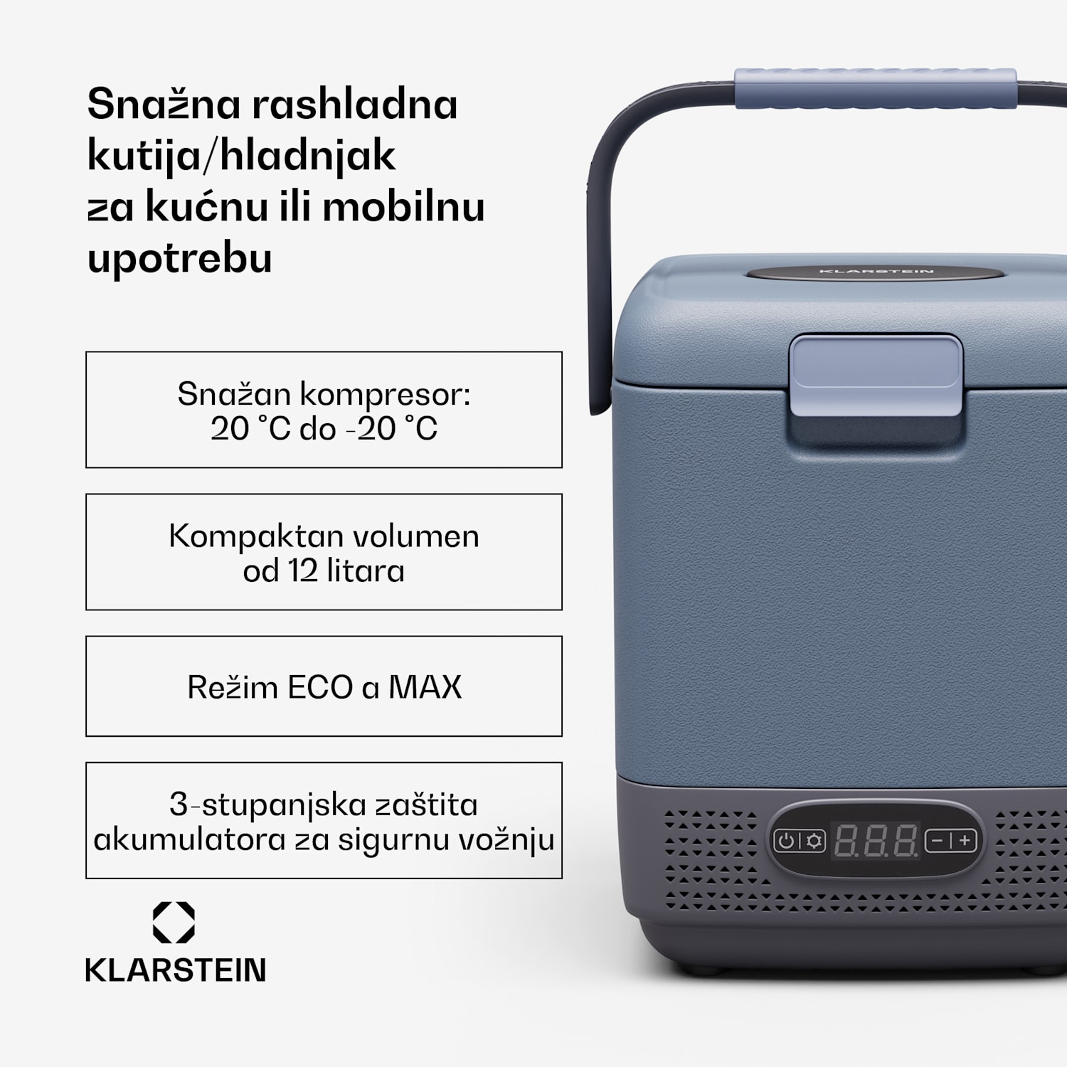 SwiftFrost 12L rashladna kutija, 12V-24V/230V, do -20 °C, kompresor, 2 razine snage, LED zaslon 12 litara | Plava