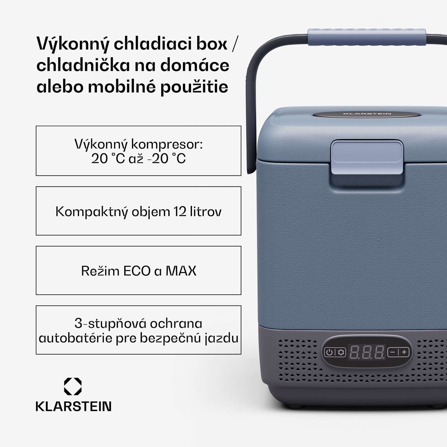 SwiftFrost 12L chladiaci box, 12V-24V/230V, do -20 °C, kompresor, 2 úrovne výkonu, LED displej 12 litrov | Modrá