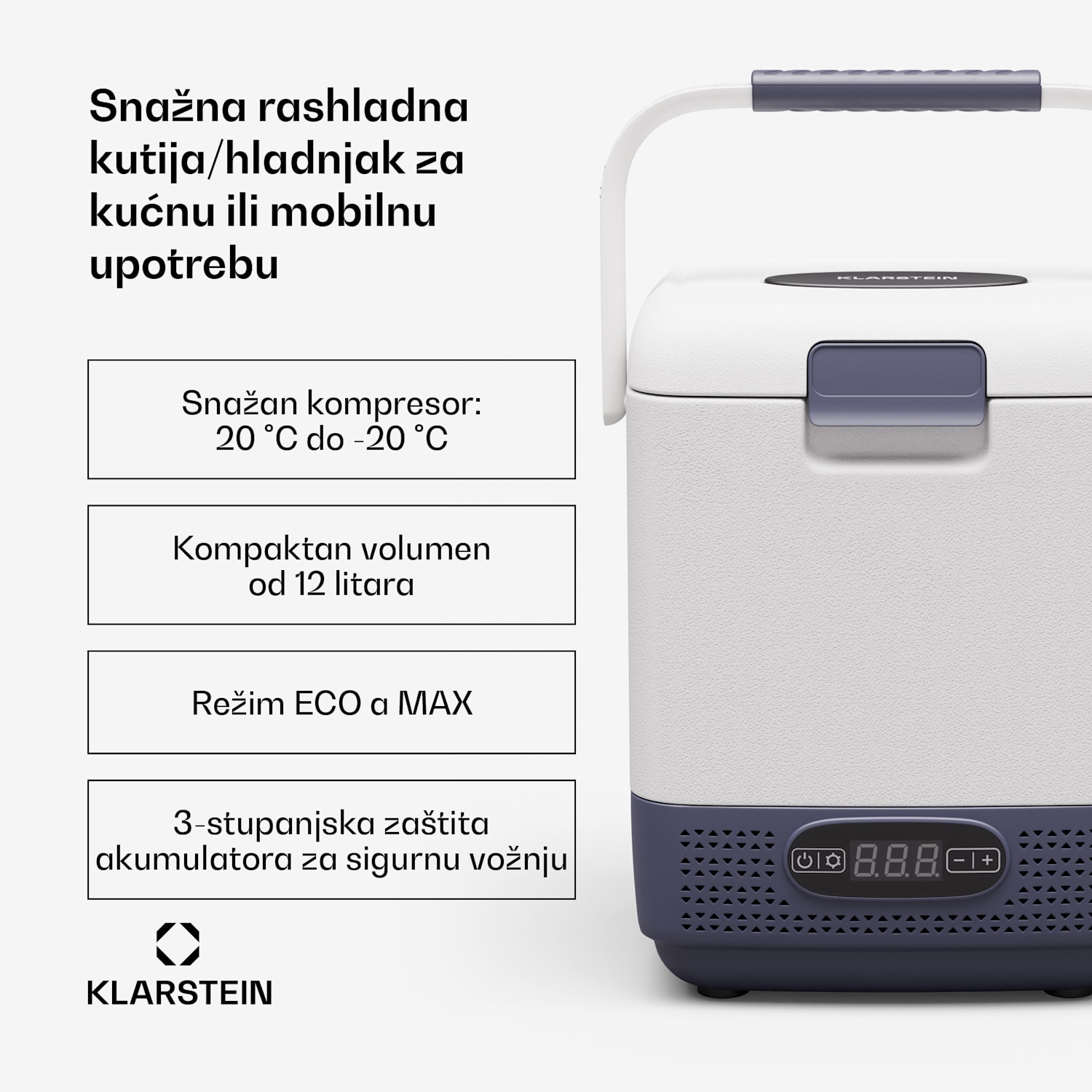 SwiftFrost 12L rashladna kutija, 12V-24V/230V, do -20 °C, kompresor, 2 razine snage, LED zaslon 12 litara | Bijela