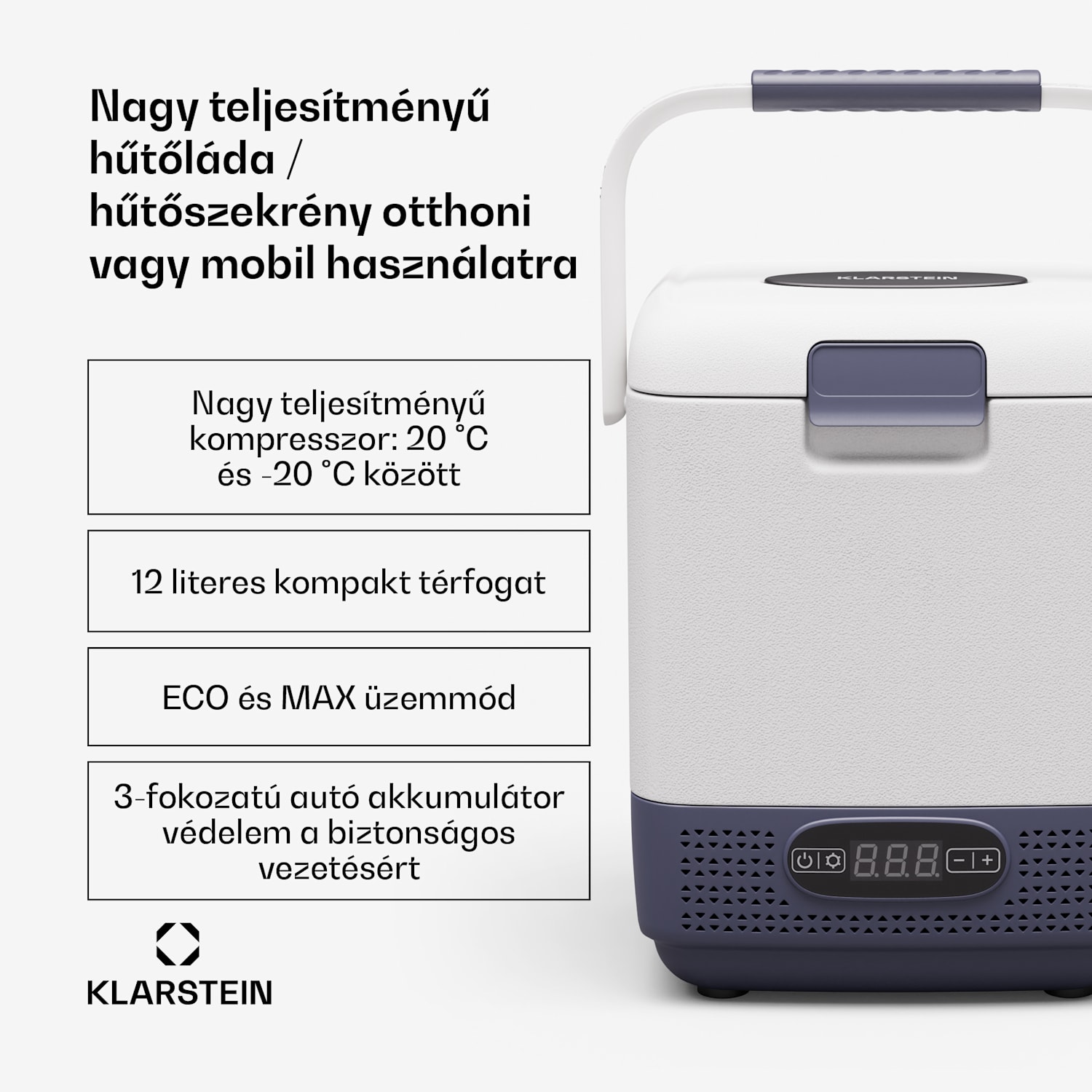 SwiftFrost 12L hűtőtáska, 12V-24V/230V, -20 °C-ig, kompresszor, 2 teljesítményszint, LED kijelző 