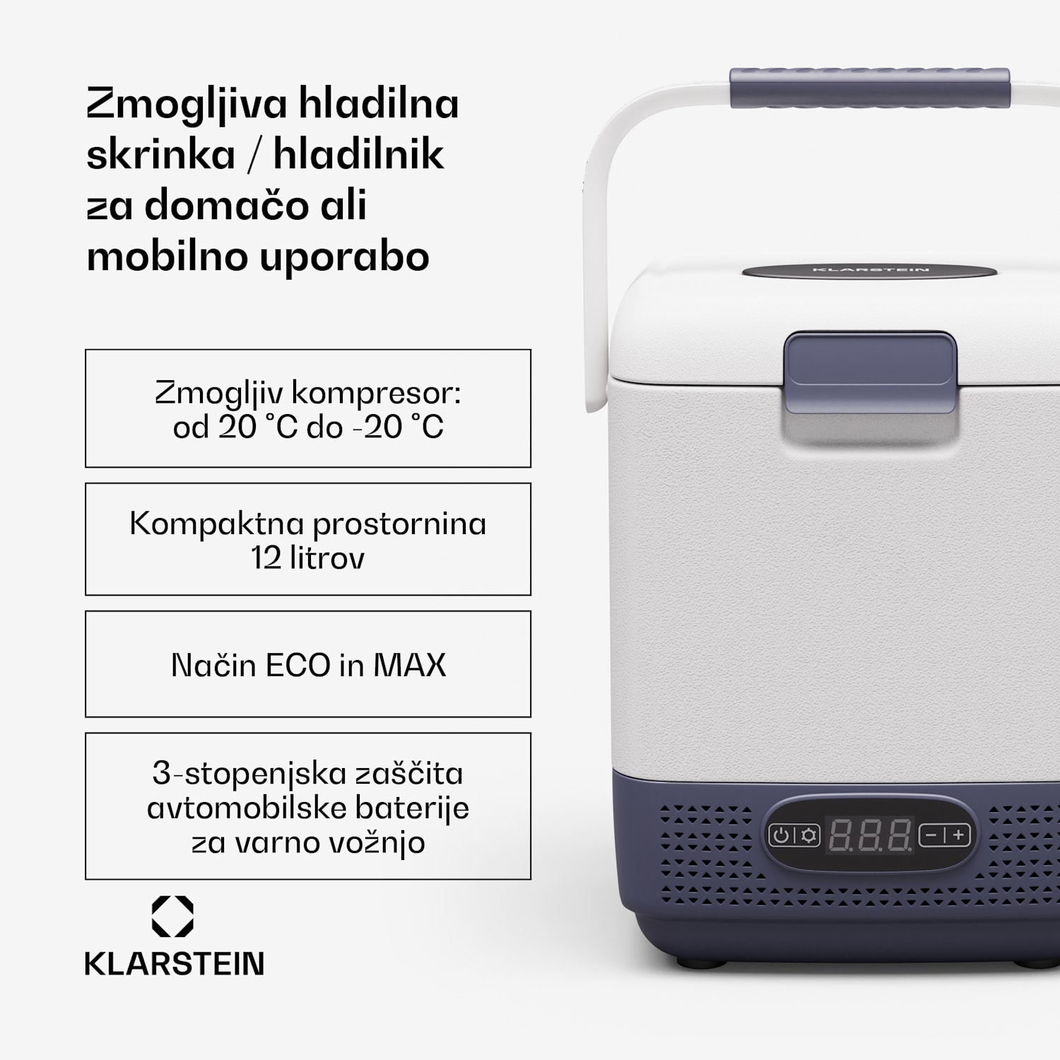 SwiftFrost 12L hladilna skrinja, 12V-24V/230V, do -20 °C, kompresor, 2 stopnji moči, prikazovalnik LED 