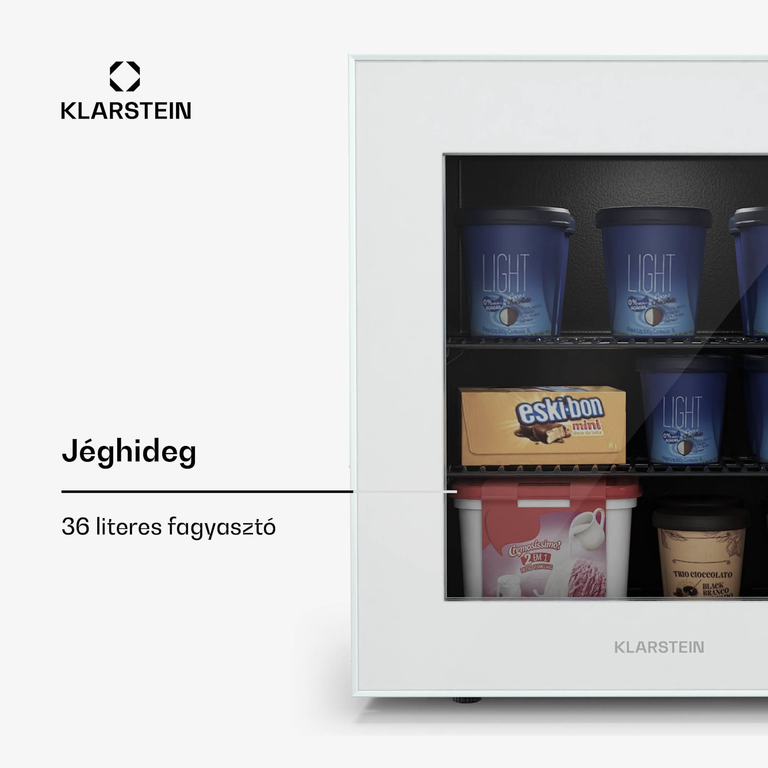 IceAge 36 fagyasztó, 36 liter, EEK E, 2 polc, termosztát, üveg előlap 36 Ltr | Fehér