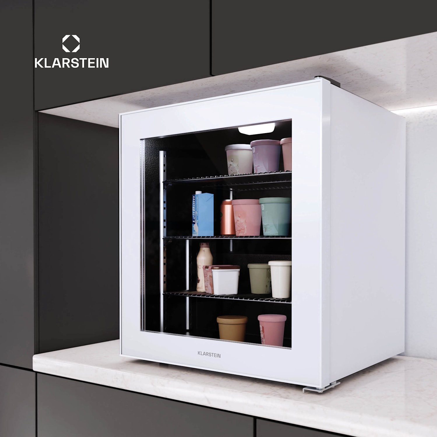 IceAge 88 pakastin | 88 litran tilavuus | energiatehokkuusluokka E | kolme tasoa | termostaatti | lasinen etuosa 88 l | Valkoinen